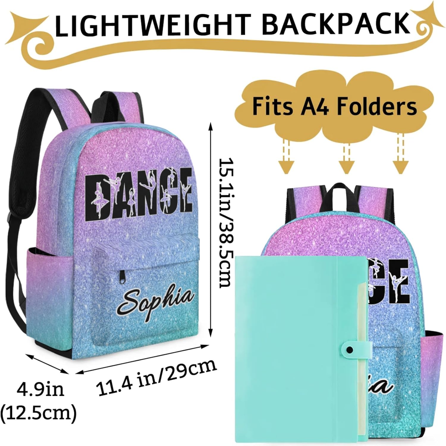 Personalized Dance Backpack Bag for Women, Custom Large Capacity Shoulder Bags, Waterproof Ballet Casual Daypack, Colorful Glitter