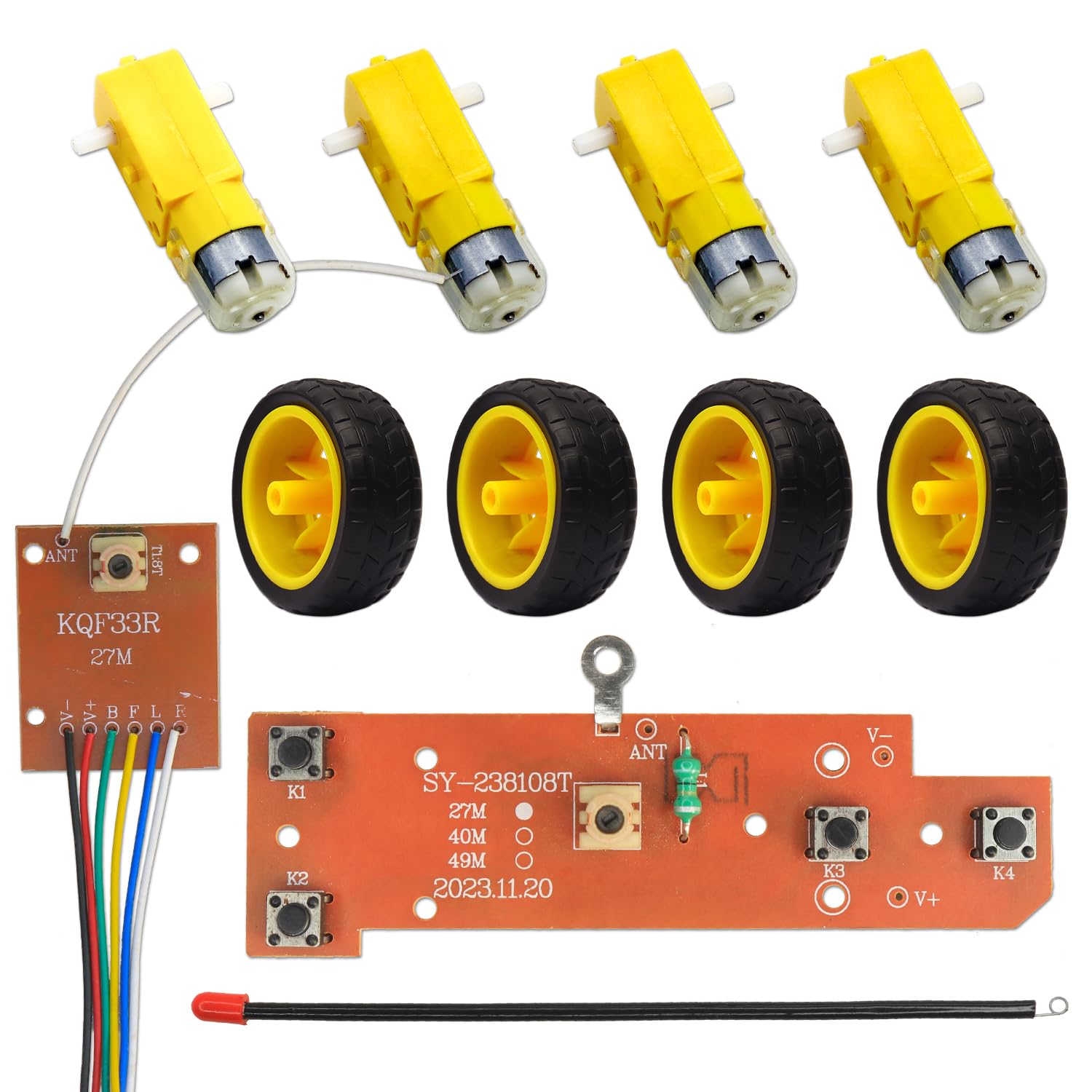 Electronic Spices Combo of Double Shaft BO Motor and Rubber Wheels with 4CH RC remote control 27MHz circuit PCB transmitter & receiver board (9 Item)-image-28