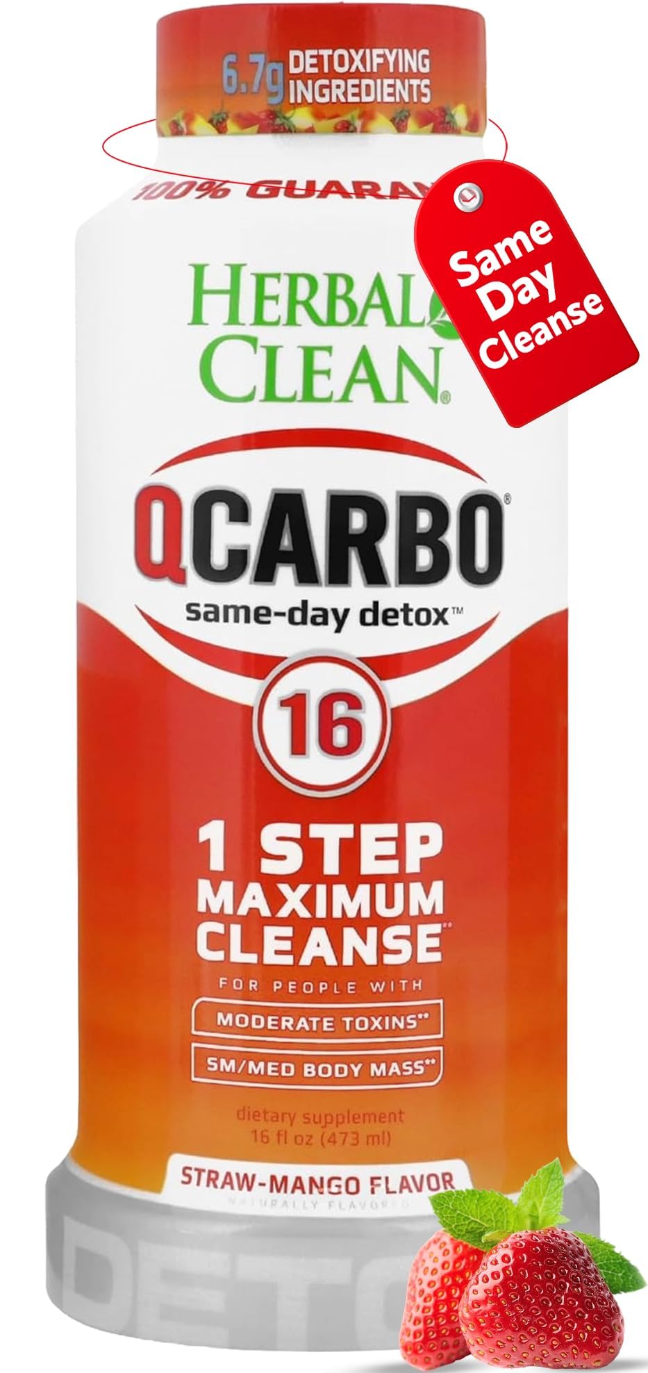 Herbal Clean Qcarbo16 Same-Day Detox Cleanse Drink (16 fl oz) - Strawberry Mango Flavor Full Body Cleanse* Detox Drink for Moderate Toxin Level*, Vitamin B2 and Vitamin B12 for Men & Women