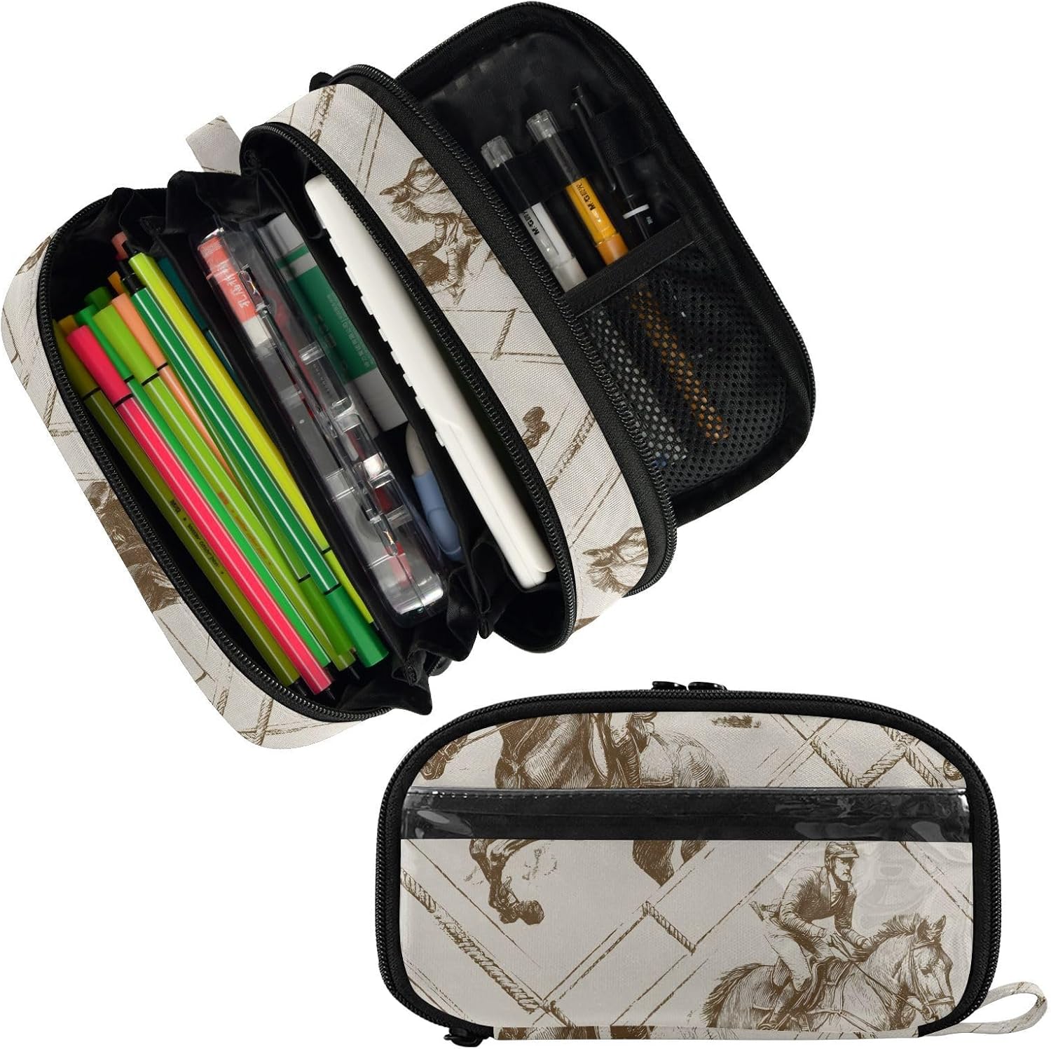 ALAZA Horse Rider Pattern Large Capacity Pencil Case, Aesthetic Stationery Organizer Bag with Clear PVC Window, High Capacity Pen Pouch with Dividers for School Office Travel image 2