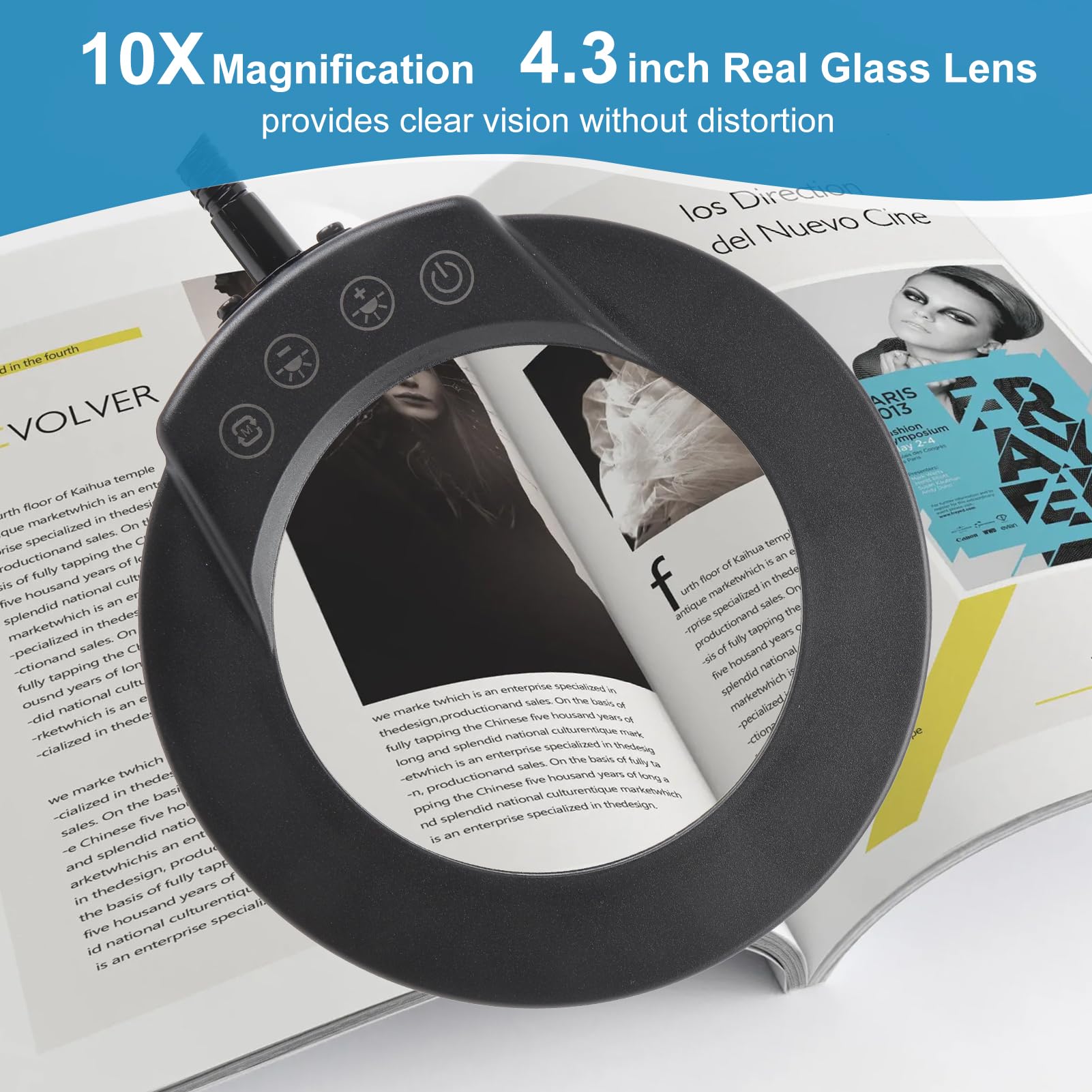 HISUEKIG 10X Magnifying Glass with Light and Stand, 5 Color Modes Stepless Dimmable LED Lighted Desk Lamp, Flexible Gooseneck Magnifying Desk Lamp for DIY Craft Reading Painting Sewing Work Round