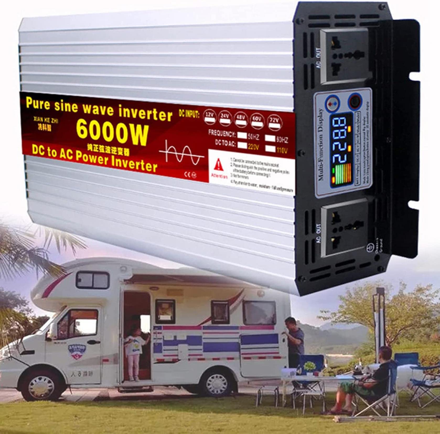 Convertitore Tensione A Onda Sinusoidale Pura 6000W/8000W 12 24 48 60 72V A 110V/230V Inverter A Onda Sinusoidale per Auto 2 Prese, Inverter A Cavo Onda Sinusoidale Pura,6000W-72Vto220V