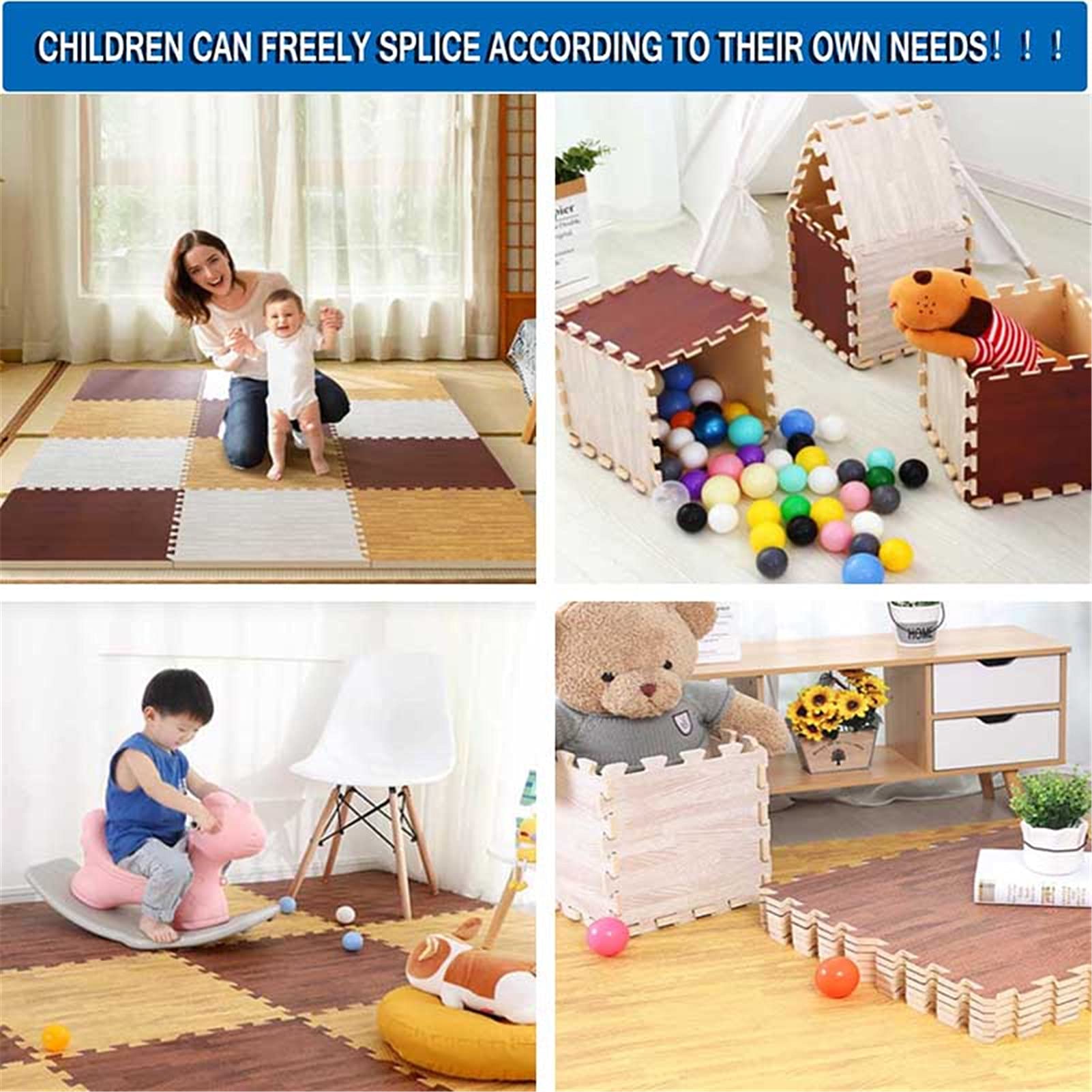 Tappetino da Gioco Puzzle per Bambini, Morbido E Antiscivolo Tappetini in Schiuma Eva Ad Incastro Effetto Legno per Decorativi per La Casa, Gattonare,Fitness,60X60x2cm,Grigio,4pcs