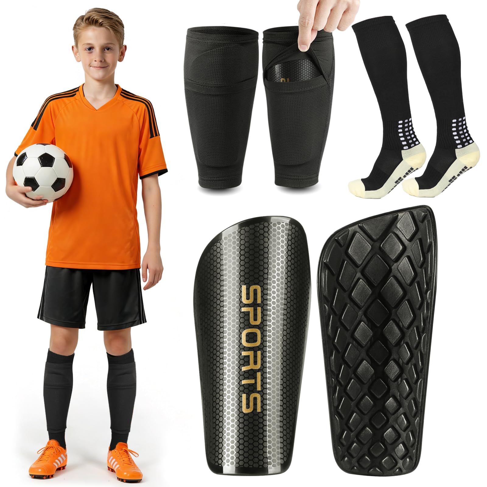Soccer Shin Guards for Kids, Boys, Girls, Youth 3-16 Years Old & Adults, Women - Includes Optimized Pocketed Shin Guard Sleeves & Grip Socks Soccer