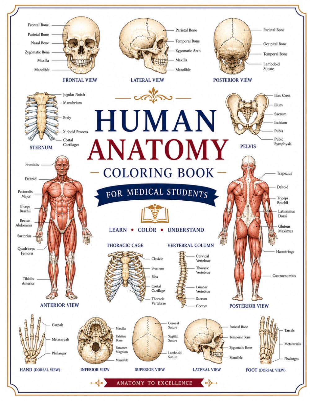 Human Anatomy Coloring Book for Medical Students: Detailed Muscles, Skull & Body Systems | Interactive Study Guide for Med, Nursing & Biology Students