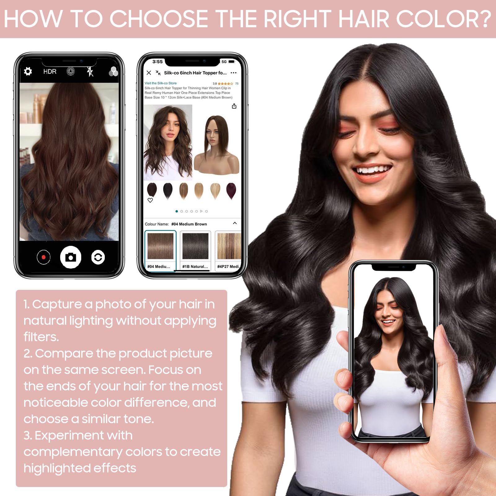 Silk-co Haarteile Echthaar, 10x12cm Haartopper Clip in Extensions Echthaar Topper Haarverlängerung, Toupet Hair Extensions Human Hair für Frauen, Hellbraun 35cm