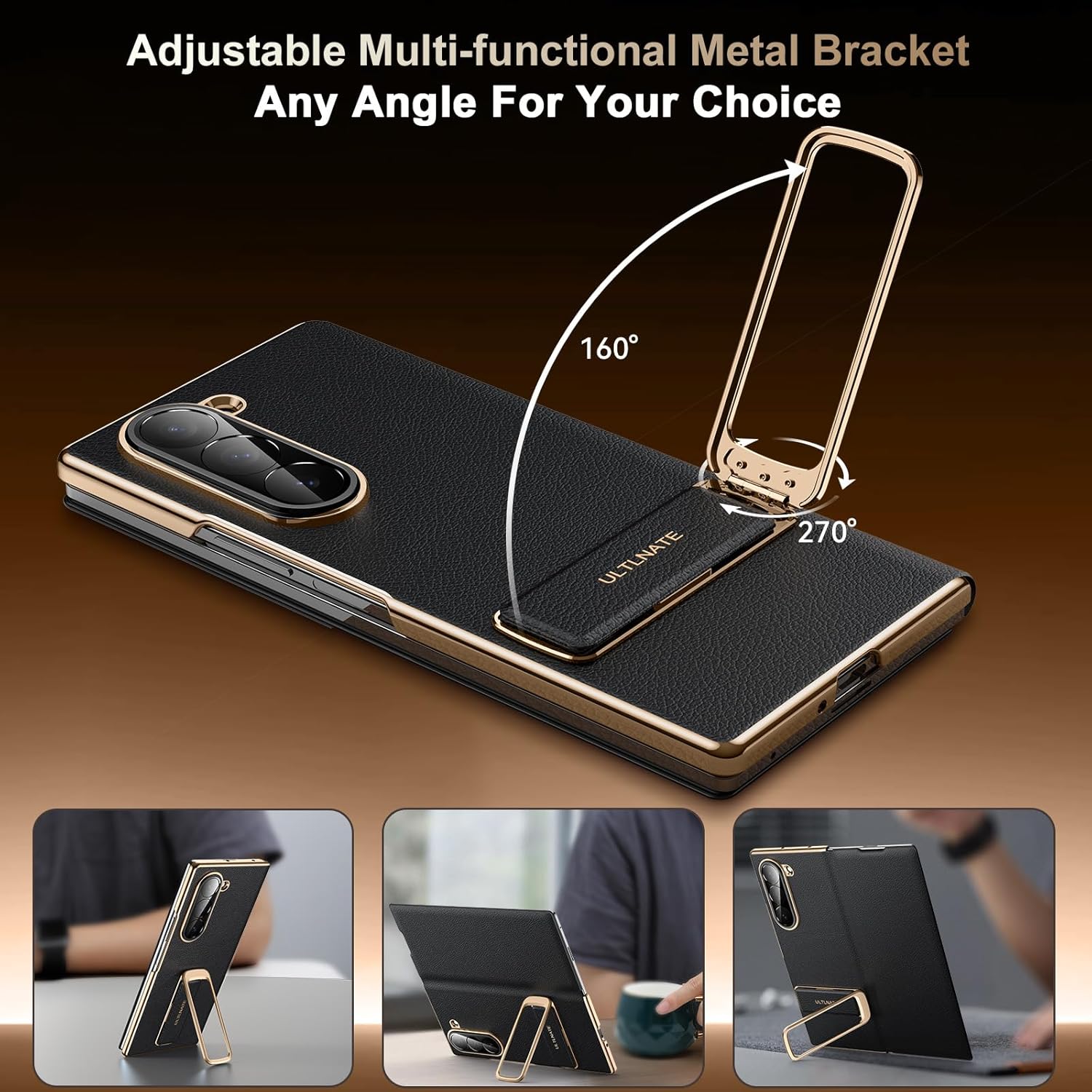 Magnetic Leather Case for Samsung Galaxy Z Fold 6 with Rotating Kickstand & Wrist Strap, Premium Vegan Leather & Full Hinge Camera Protection, All-Around Shockproof Protection Cover, Black
