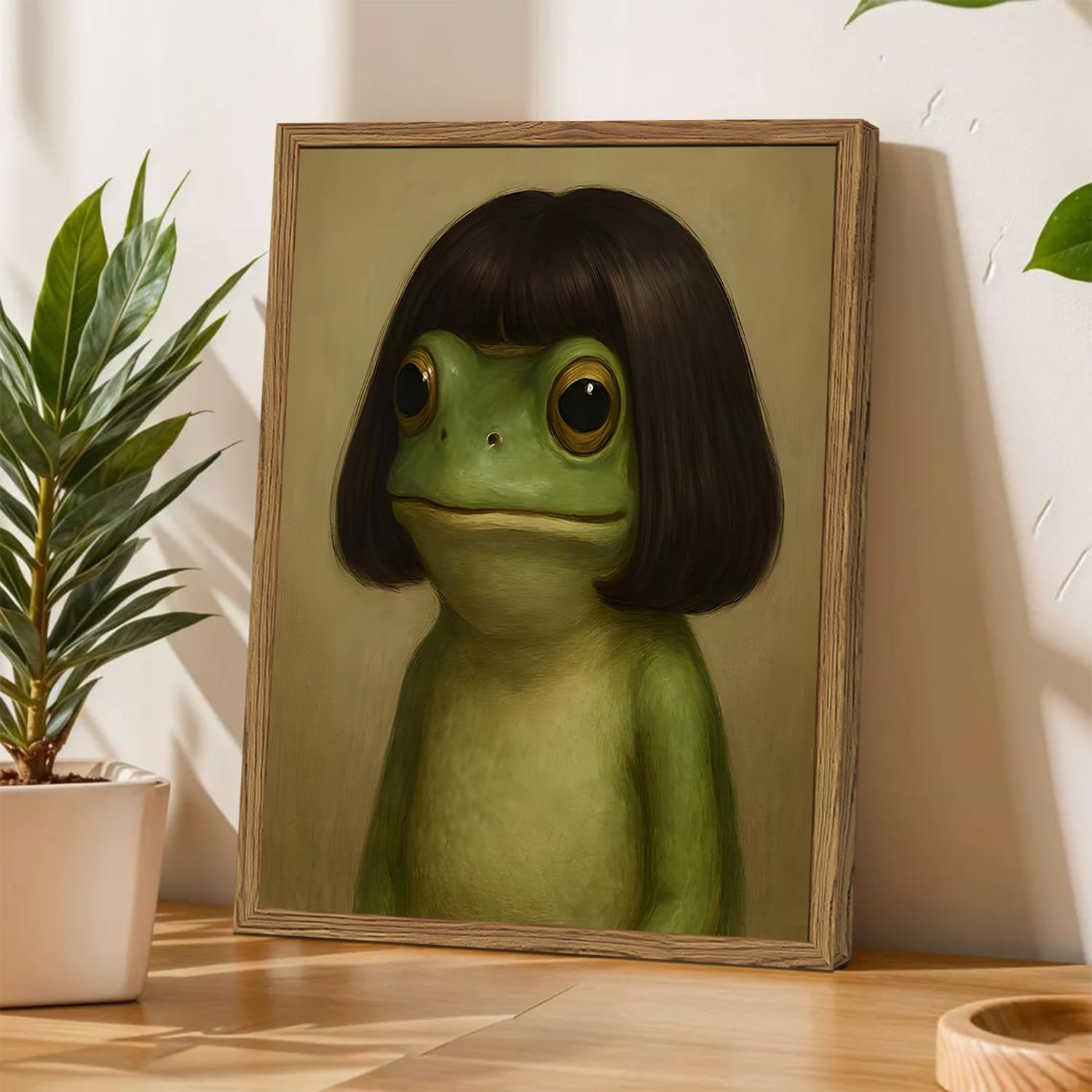 Funny Frog Wall Art, Whimsical Green Frog Wall Decor Painting Cute Animal Poster Canvas Prints Artwork for Living Room Bedroom Bathroom 12x16 inch Wood Framed - Image 3