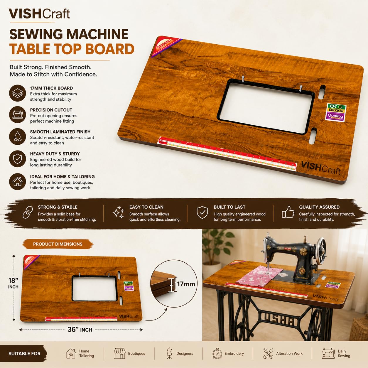 まーちゃん　机 VISHCraft Sewing Machine Table Top Board | 18 x 36 Inch | 17mm