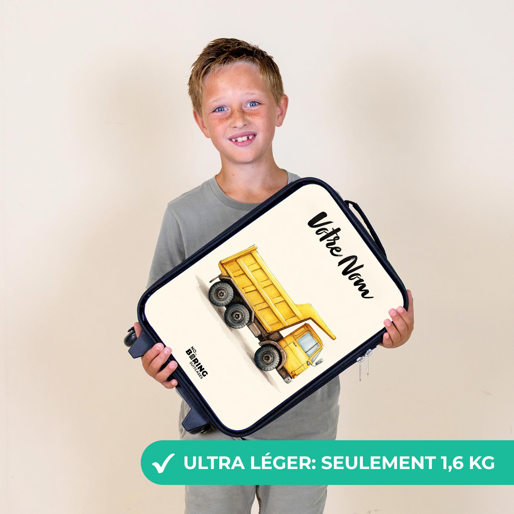 NoBoringSuitcases.com® Valise Enfant Personnalisé avec Un Nom 48x31x19 cm Ultra Légère Bagages À roulettes LED pour Enfants Valisette A Roulette Ado - Garçon - Camion-Benne - Dessiné - Jaune