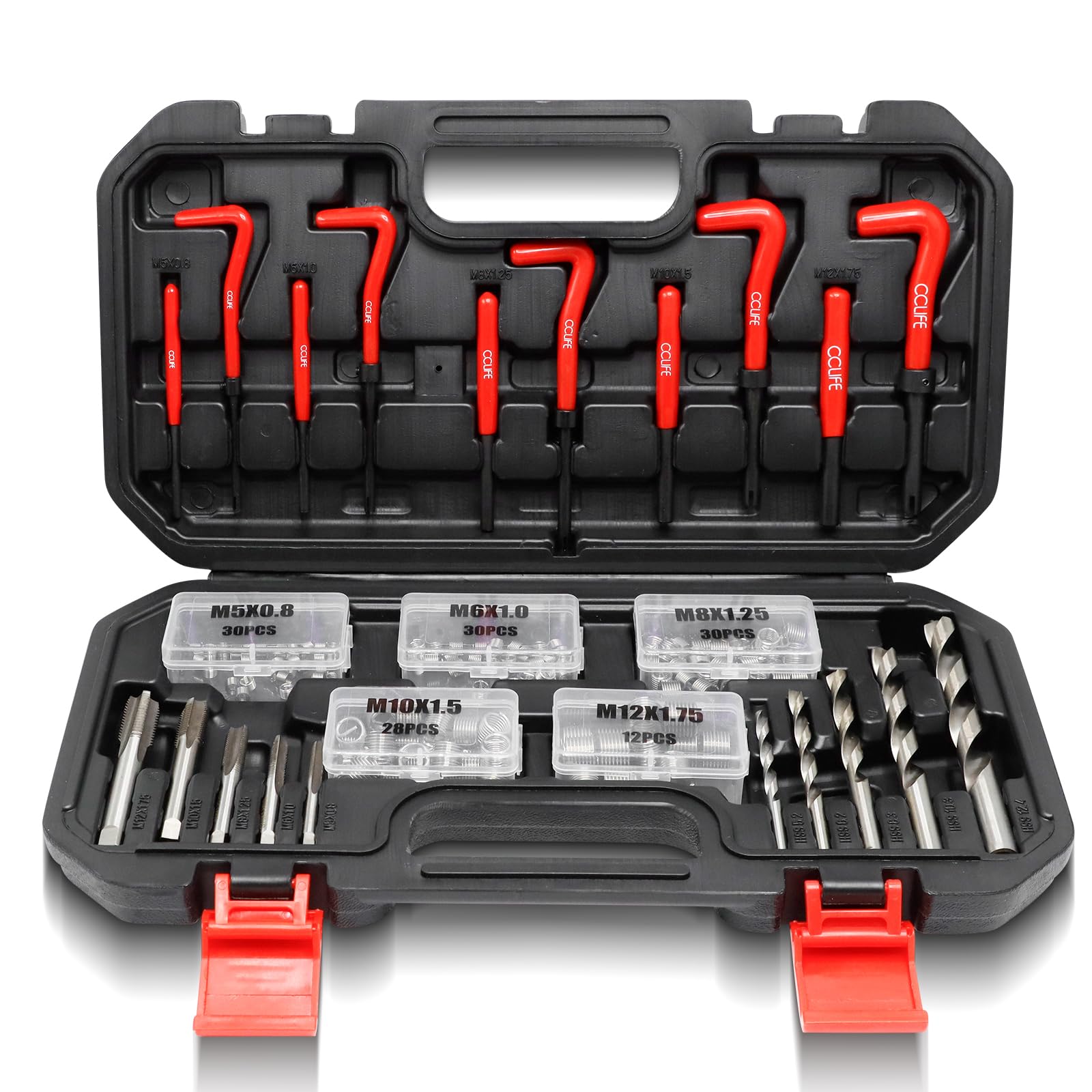 CCLIFE Juego de reparación de roscas, 150 piezas, HSS Helicoil Set con rosca M5, M6, M8, M10 y M13, juego de herramientas con almacenamiento portátil