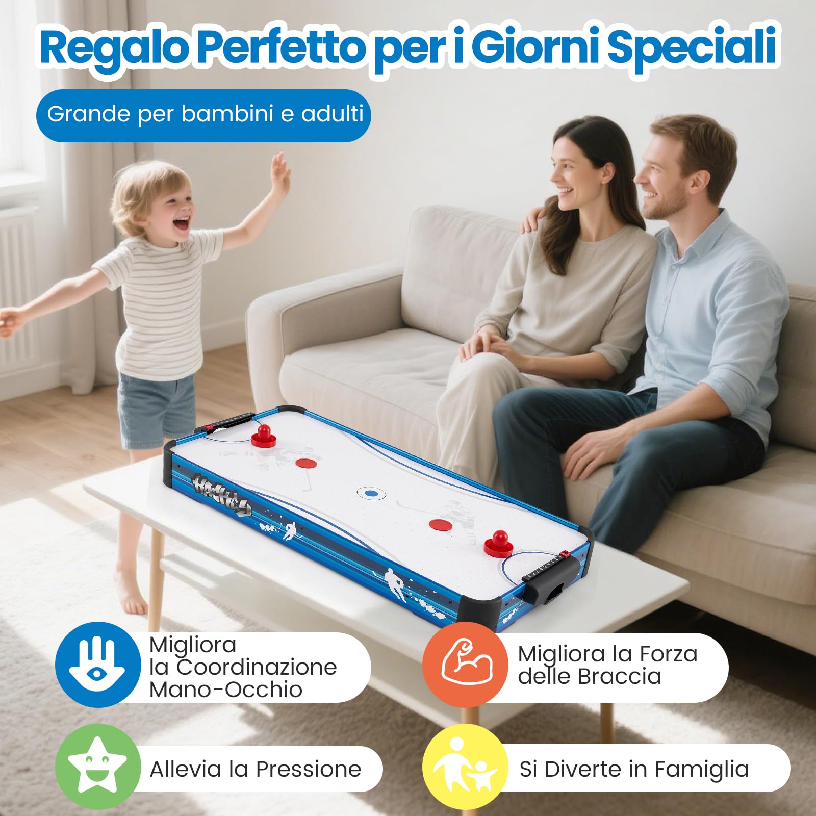 COSTWAY Tavolo da Air Hockey, con 12V Motore Elettrico Potente, 2 Dischi e 2 Spintori, Air Hockey da Tavolo per Sala Giochi Casa Ufficio, 108x50,5x10 cm
