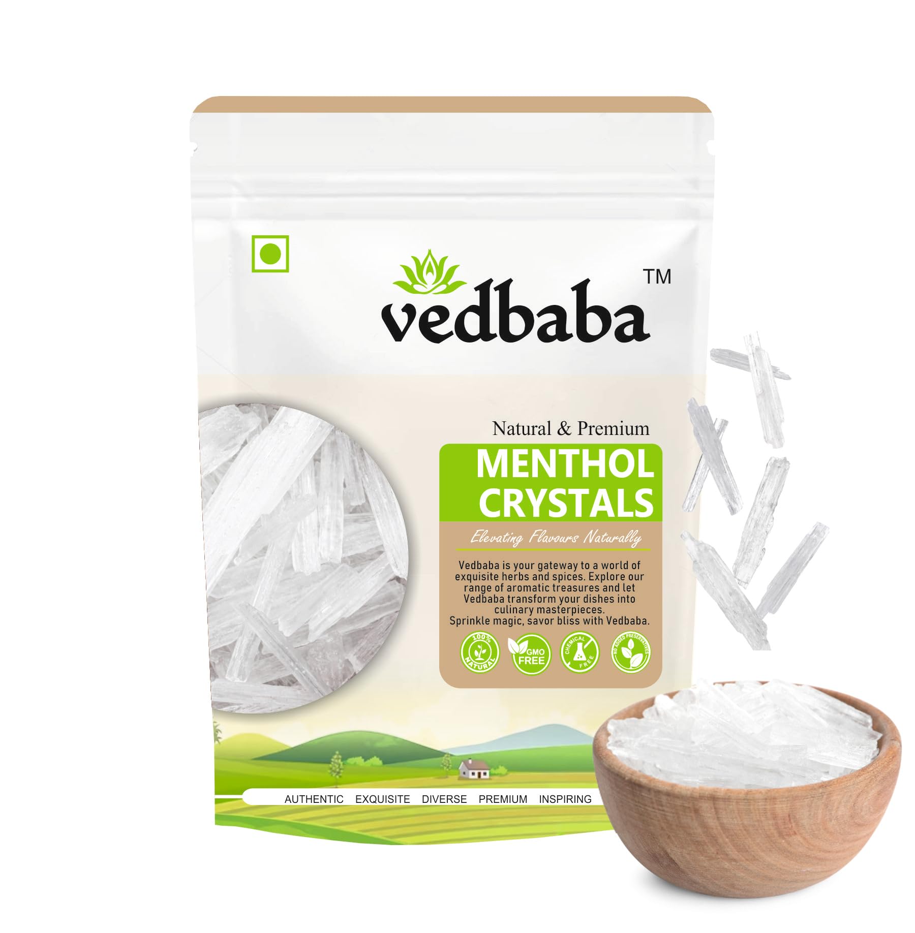Vedbaba Menthol Crystals - 200 GM | Edible and Natural Plant-Based Refreshing Menthol | Flakes for Mouth Freshener, Candies and Home Made