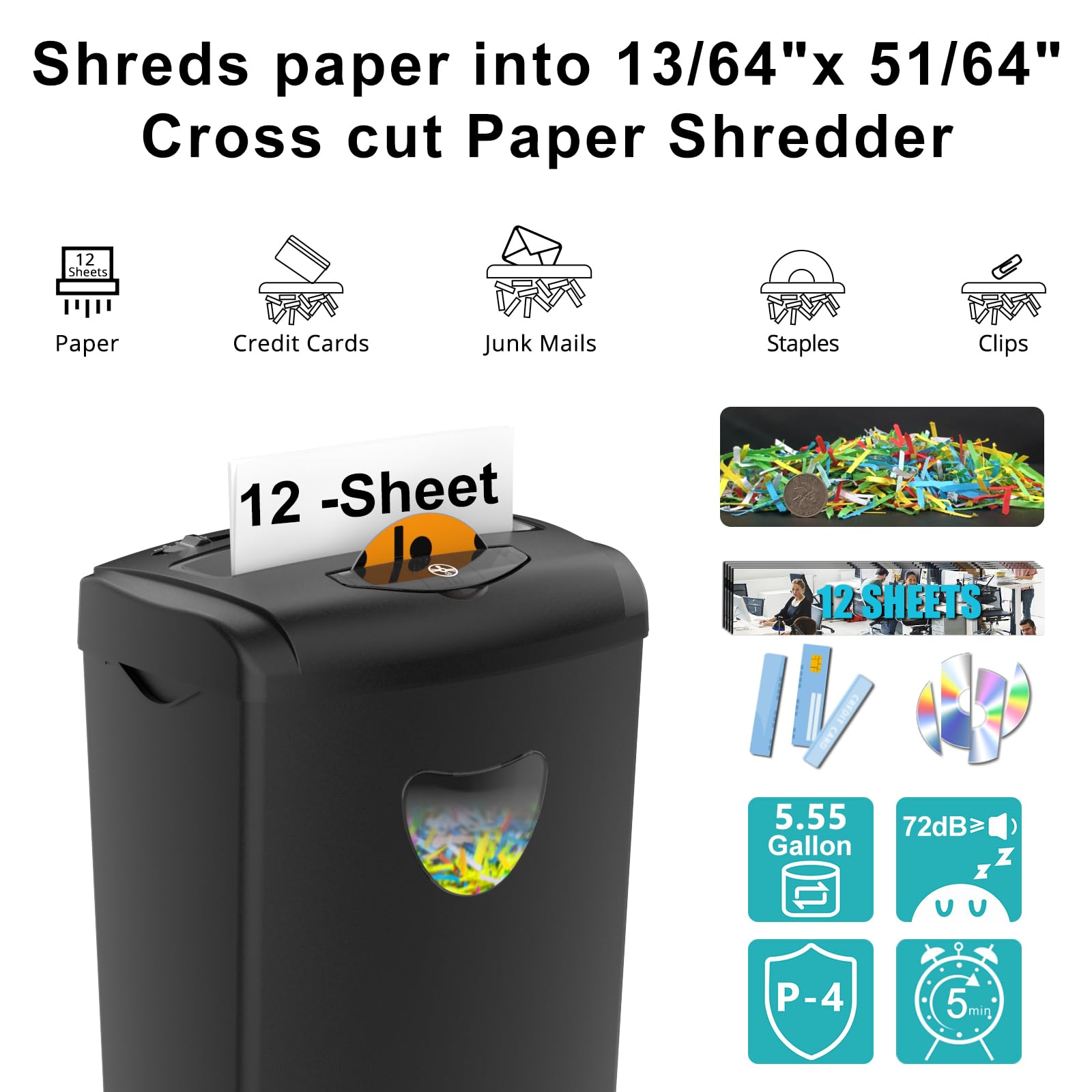 Woolsche Trituradora de papel de corte cruzado de 12 hojas con cesta grande de 5.55 galones, seguridad P-4, trituradora de 3 modos para tarjetas, CD, grapas, clips, sistema a prueba de atascos para