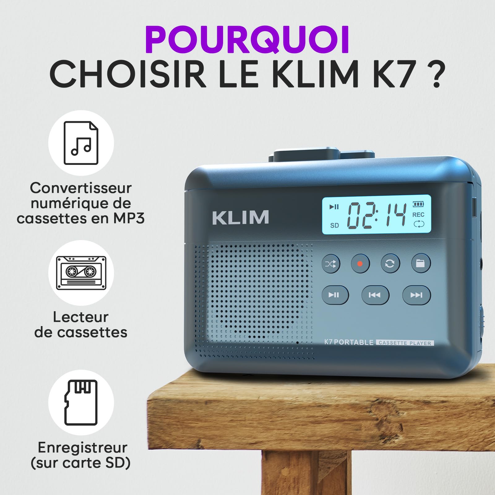 Cassette Player KLIM K7 - Lecteur Cassette Audio - Convertisseur Audio en MP3 - Microphone et Haut-Parleur intégrés - Batterie Rechargeable - Ecouteurs - Carte SD 16GB - Bleu