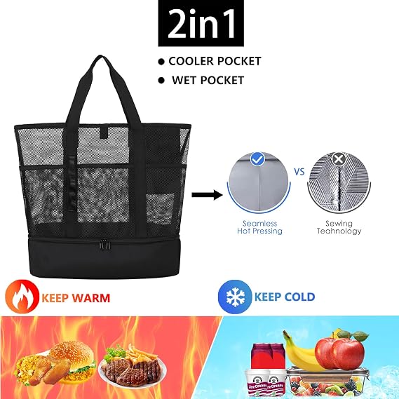 Beach Bag with Cooler,Mesh Beach Bags for Women Sandproof for Pool and Swimming Travel Daily with Durable 8 Pocket