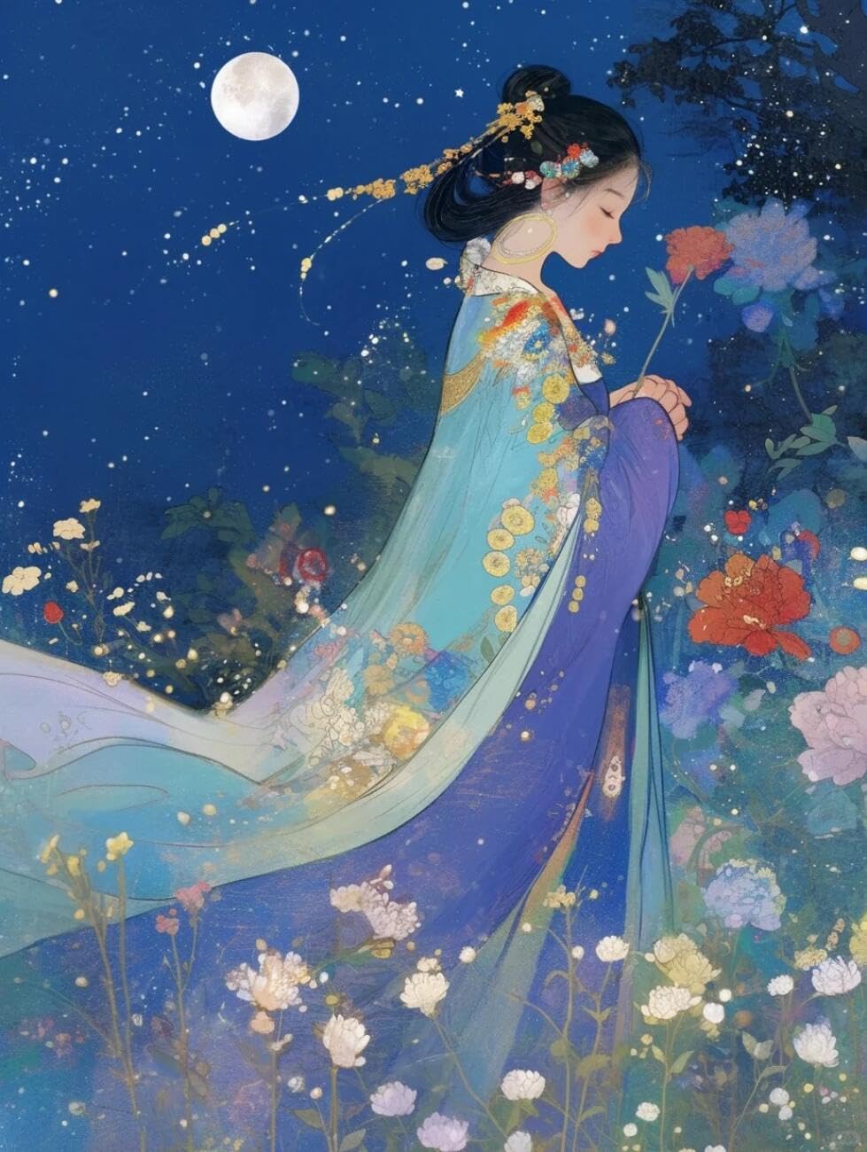 RKFLGEW 14CT Stamped Cross Stitch Kits Anime Oriental Women Preprinted Fabric Cross Stitch DIY Art Needlecrafts Embroidery Kits for Adults Beginners 40x50cm