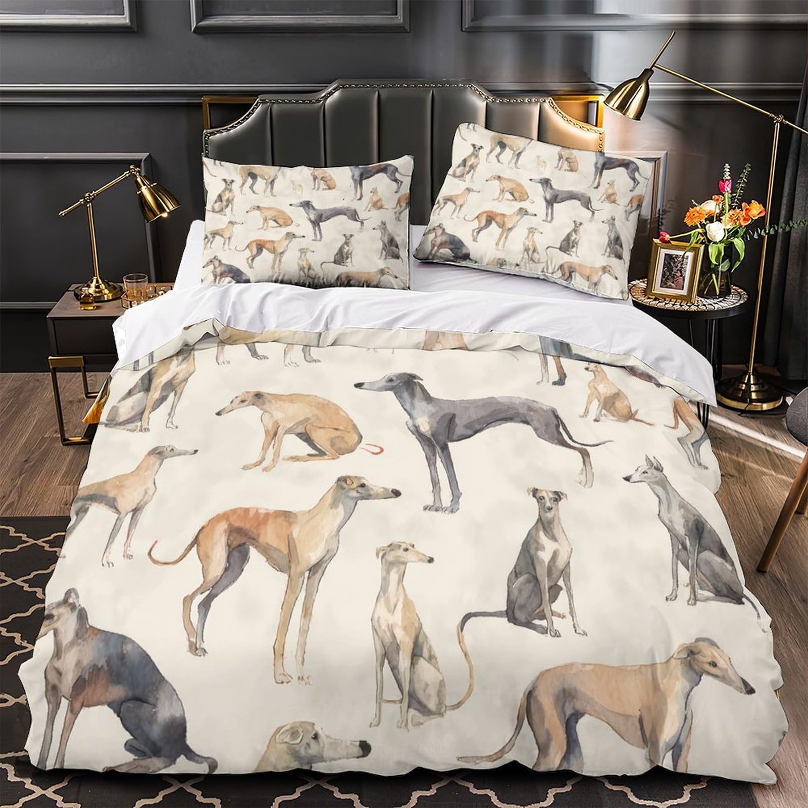 Rjavagfzl Xzgwoumhkneh Greyhound Dogs 3D Print 3 Piece Quilt Cover Watercolor Animal Art Comforter Cover Set 3D Printed Breathable Microfiber Hidden Zipper For Teens Young Adults Double（200X200cm）