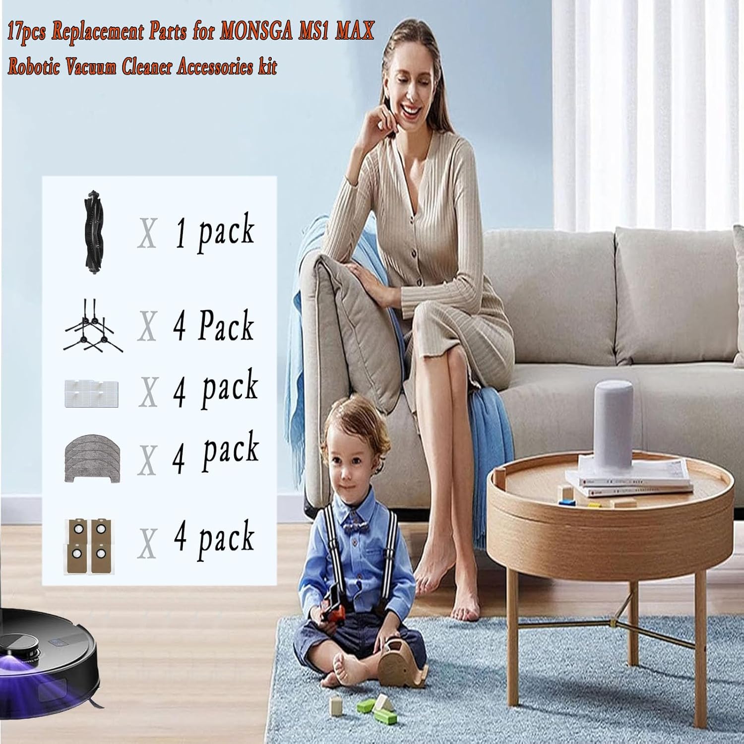 MS1 MAX Replacement Parts for MONSGA MS1 MAX Robotic Vacuum Cleaner 17pcs Accessories kit,1 Roller Brush, 4 dust Bags, 4 mop Cloths, 4 dust Bags, and 4 Side Brushes