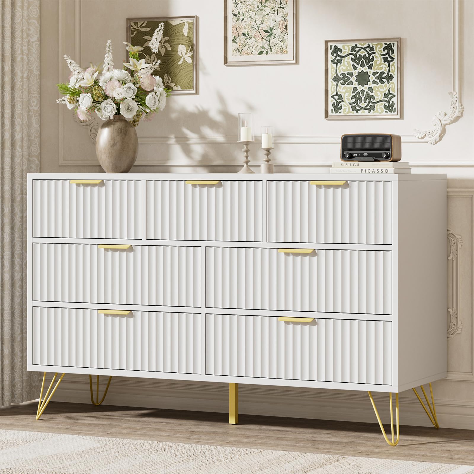 LYNSOM Fluted Dresser for Bedroom, White 7 Drawer Dresser with Gold Handles and Wide Drawers, Wood Chest of Drawers for Bedroom, Hallway