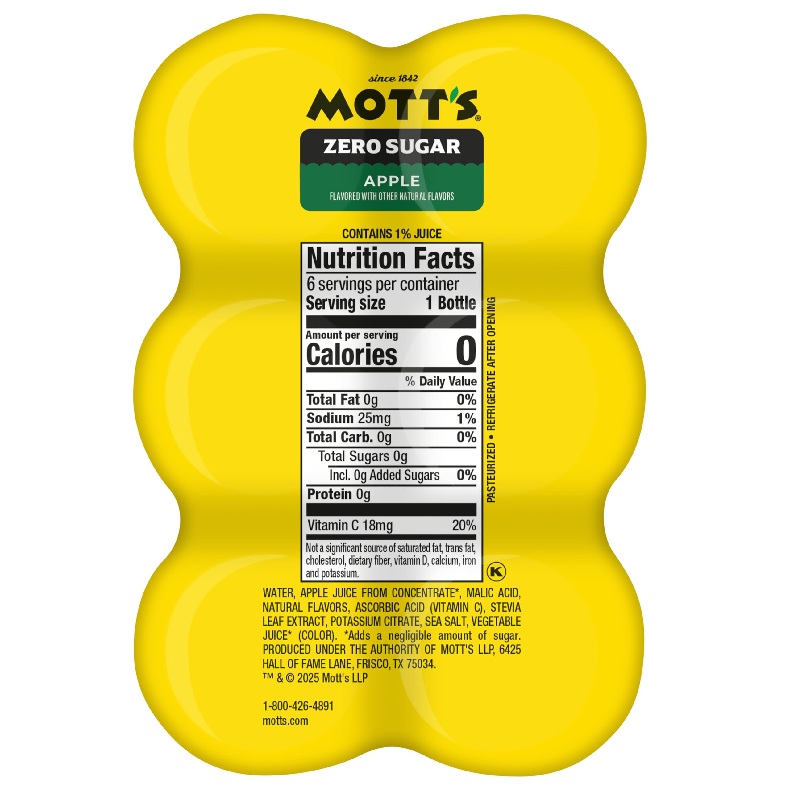 Mott's Zero Sugar Apple Juice Drink, 8 fl oz bottles, 24 Count (4 Packs of 6), Apple Flavor, Excellent Source of Vitamin C