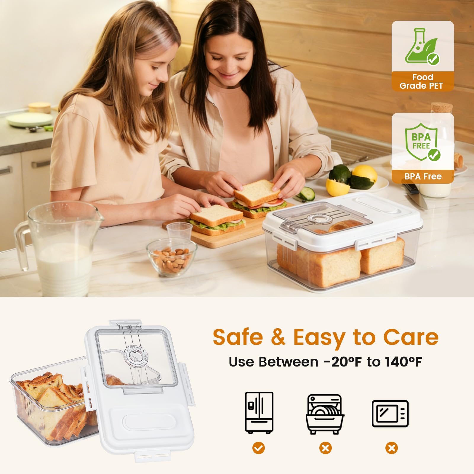 Dynta Brotbox für Küche, Arbeitsplatte, luftdichter Brotbehälter mit Deckel, Zeiterfassung, Kunststoff-Aufbewahrung für hausgemachtes Brot, Toast, Brot und Kekse, 2 Stück
