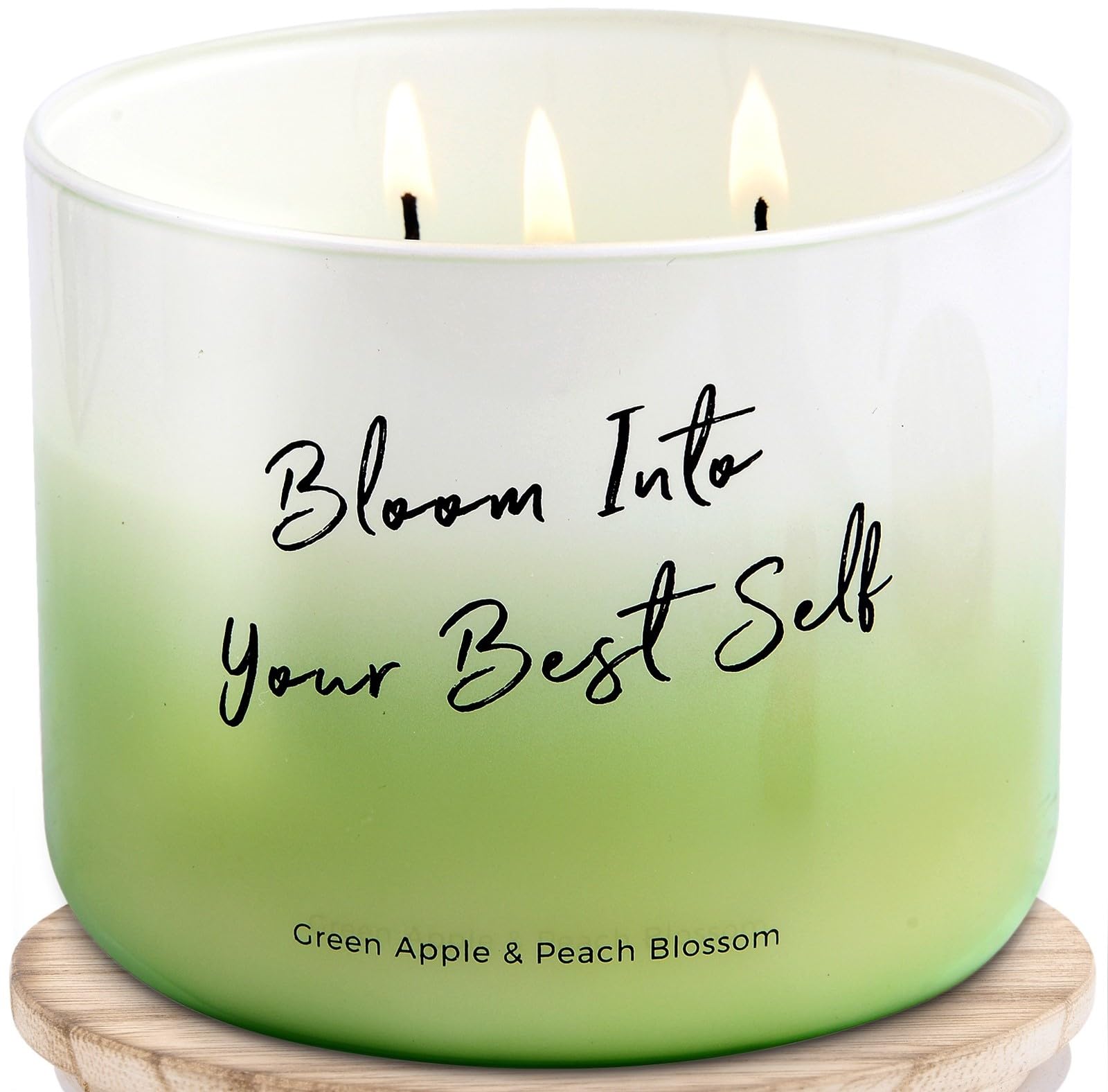 Green Apple Peach Blossom Scented Candle - Large 3 Wick Soy Candle 15.8 oz - Fruity Floral Spring Summer Scent - Relaxing Aromatherapy Gift Candles with Uplifting Quote - Bloom into Your Best Self