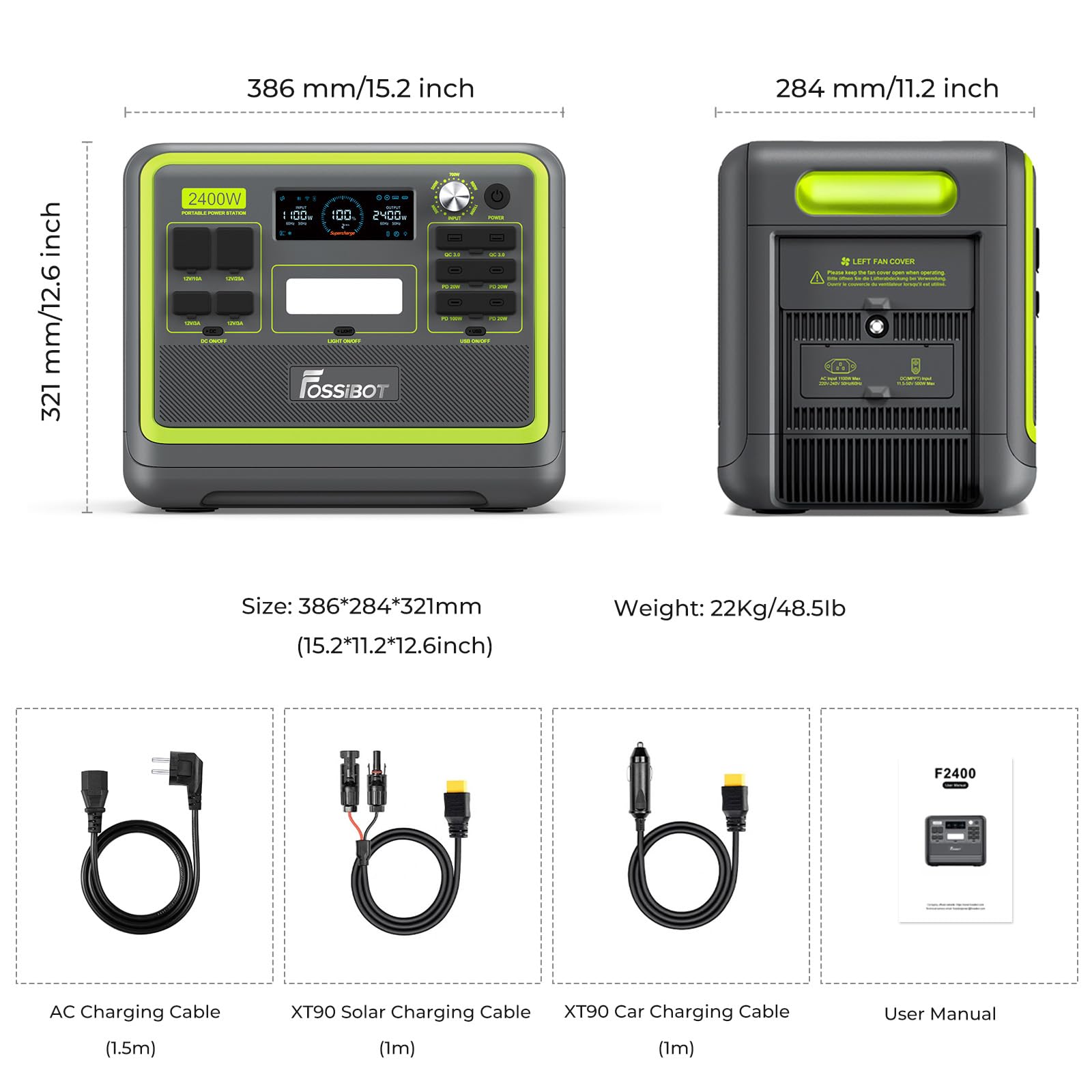 FOSSiBOT F2400 centrale elettrica portatile, 2048Wh batteria LFP generatore di corrente solare, power station, uscita fino a 2400W, ricarica rapida, Per emergenza domestica, campeggio e camper, verde