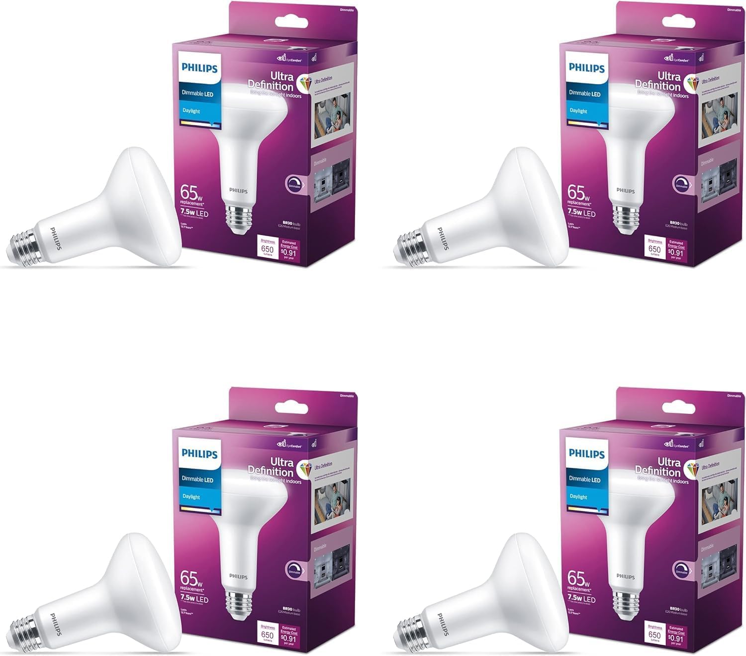 PHILIPS LED Flicker-Free Frosted Dimmable BR30 Light Bulb - EyeComfort Technology - 650 Lumen - Daylight (5000K) - 7.5W=65W - E26 Base - Title 20 Certified - Ultra Definition - Indoor - 4-Pack