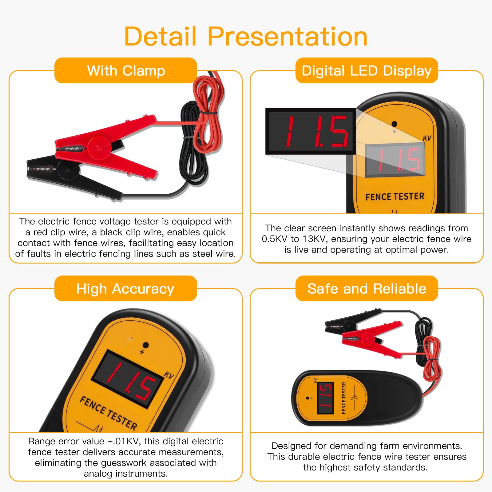 Tester di tensione recinzione elettrica digitale, 13KV 500-13000V, rilevatore di guasti, tester di recinzione elettrica a morsetto tascabile per test di tensione recinzione elettrica della fattoria