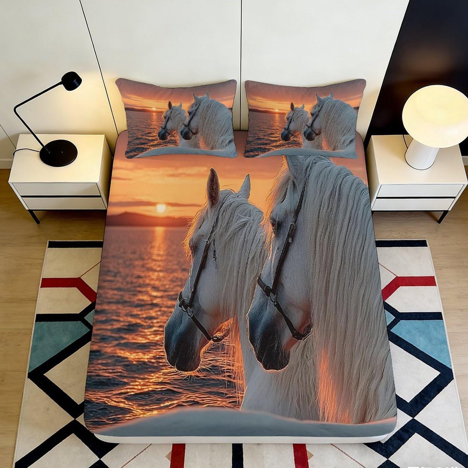 3D Printed Sunset Horse Fitted Sheet Microfiber Non-Slip Deep Pocket for Adult Bedroom Bedding Sunset Horse Mattress Fitted Cover Washable 160x200x25cm