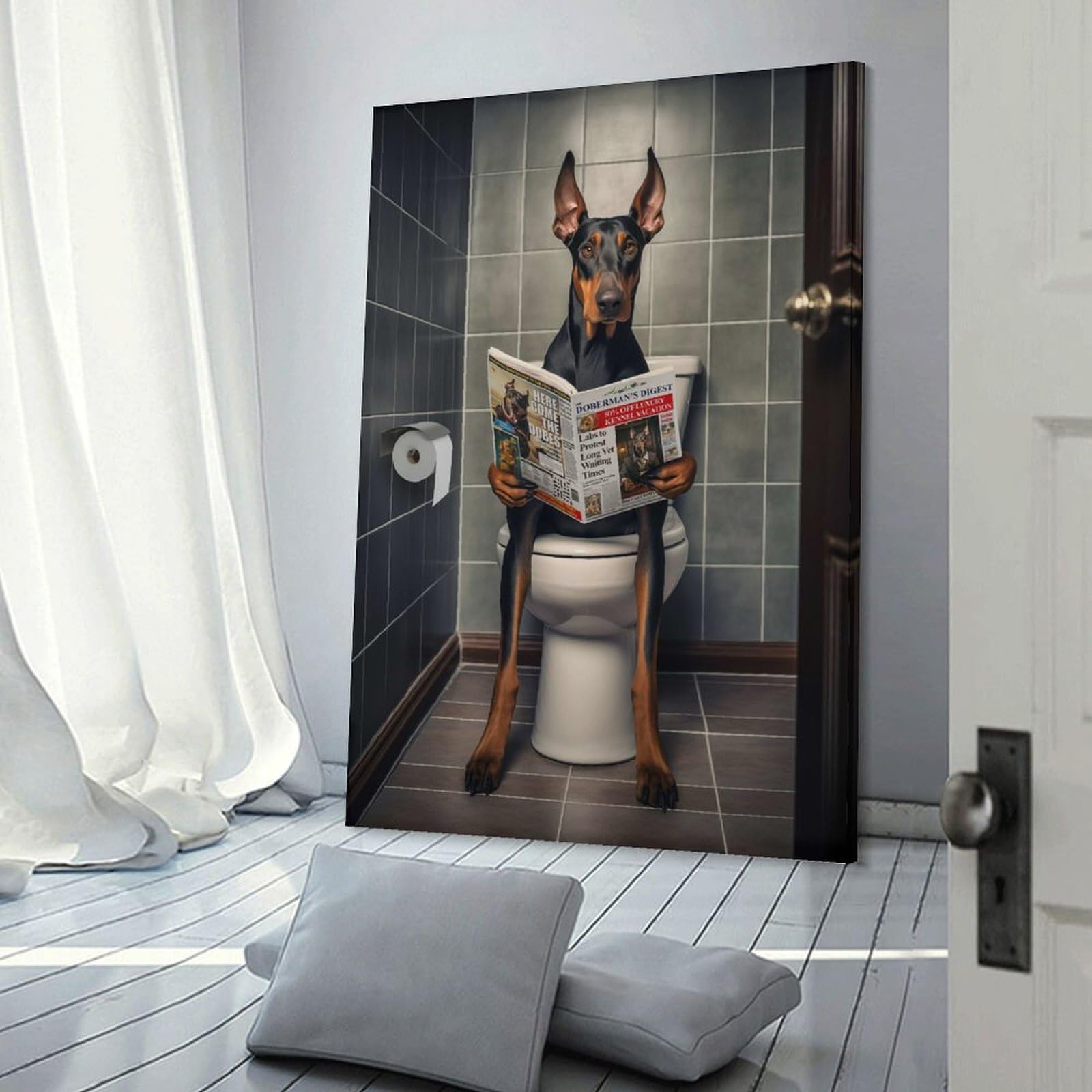 Junmoney Wall Art Print Doberman on The Toilet, 24x36inch(60x90cm), for Home Lounge, Bedroom Or Reading Nook, Modern Wall Decor for Cosy Interiors