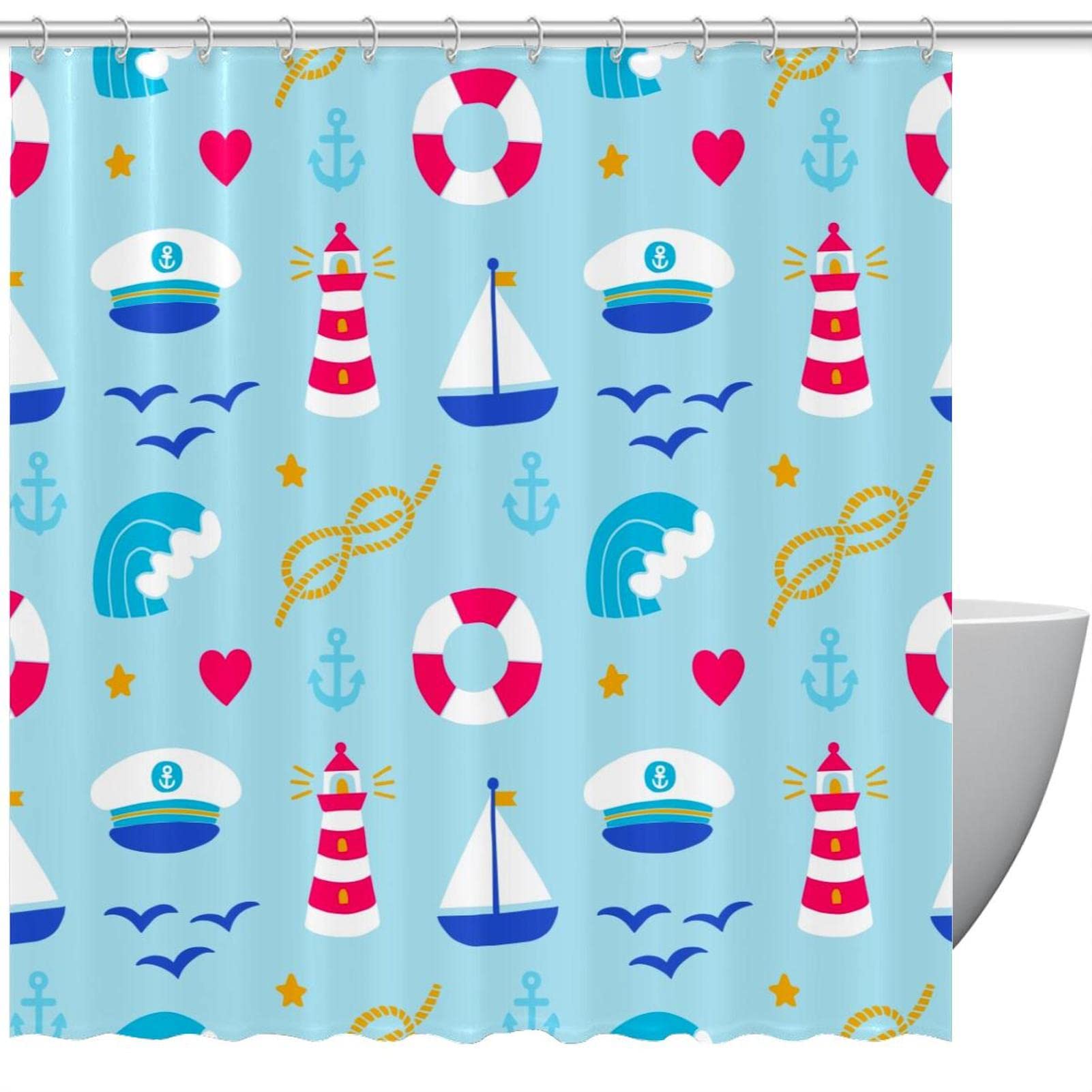 Rideau de douche phare bleu nautique 183x183 cm grand format imperméable
