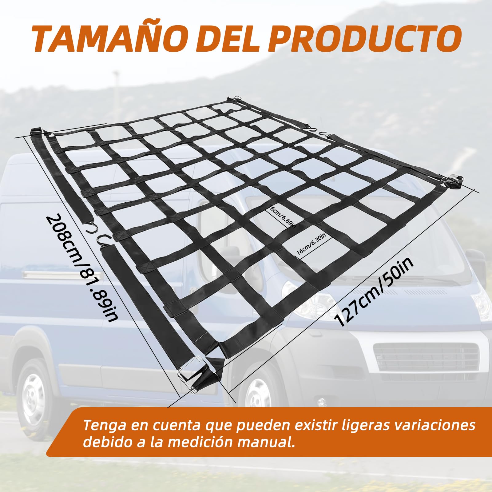 Red de carga con 4 correas ajustables para asegurar la carga en remolques de camionetas. Apto para furgonetas, Ducato, Boxer, Jumper, Opel Movano, Ford Transit, Mercedes-Benz
