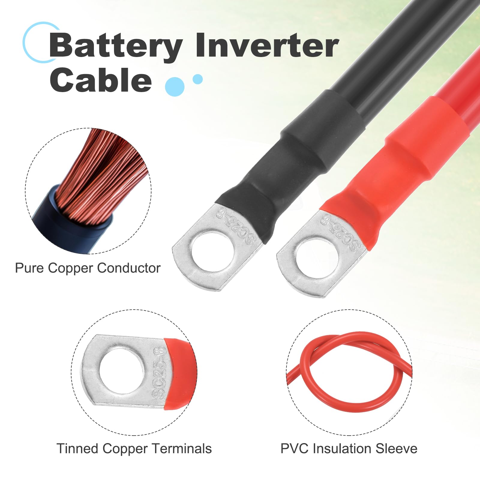 sourcing map Lot de 2 câbles de batterie de calibre 4 AWG de 1,2 m de long et 1,6 cm de diamètre positif et négatif en cuivre avec bornes SC pour voiture, camping-car, chariot de golf marine, rouge et