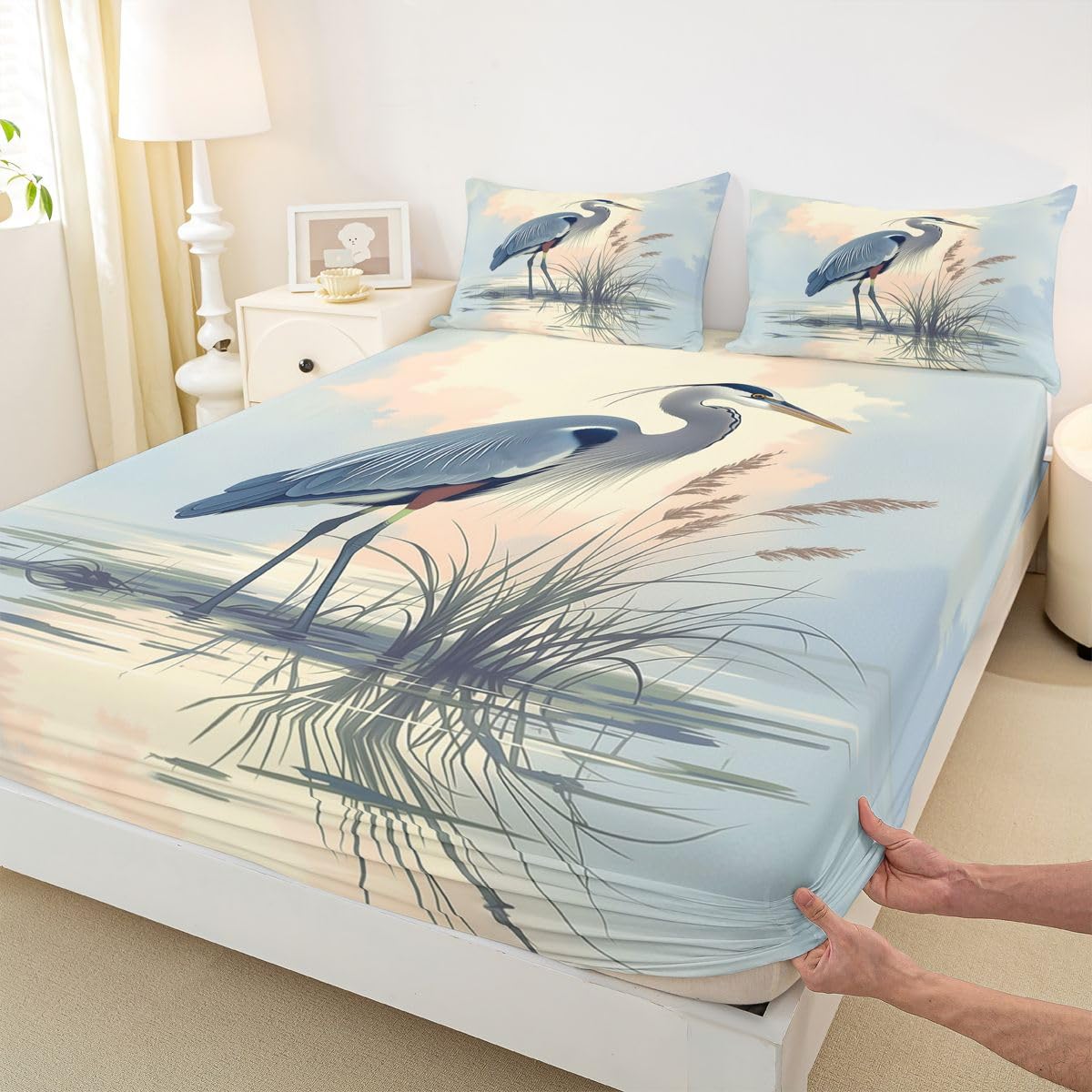 Homewish Great Blue Heron zestaw pościeli podwójne prześcieradła z motywem dzikich zwierząt akwarela niebieski ptak pościel - trzcina dzika przyroda zestaw pościeli 4-częściowy