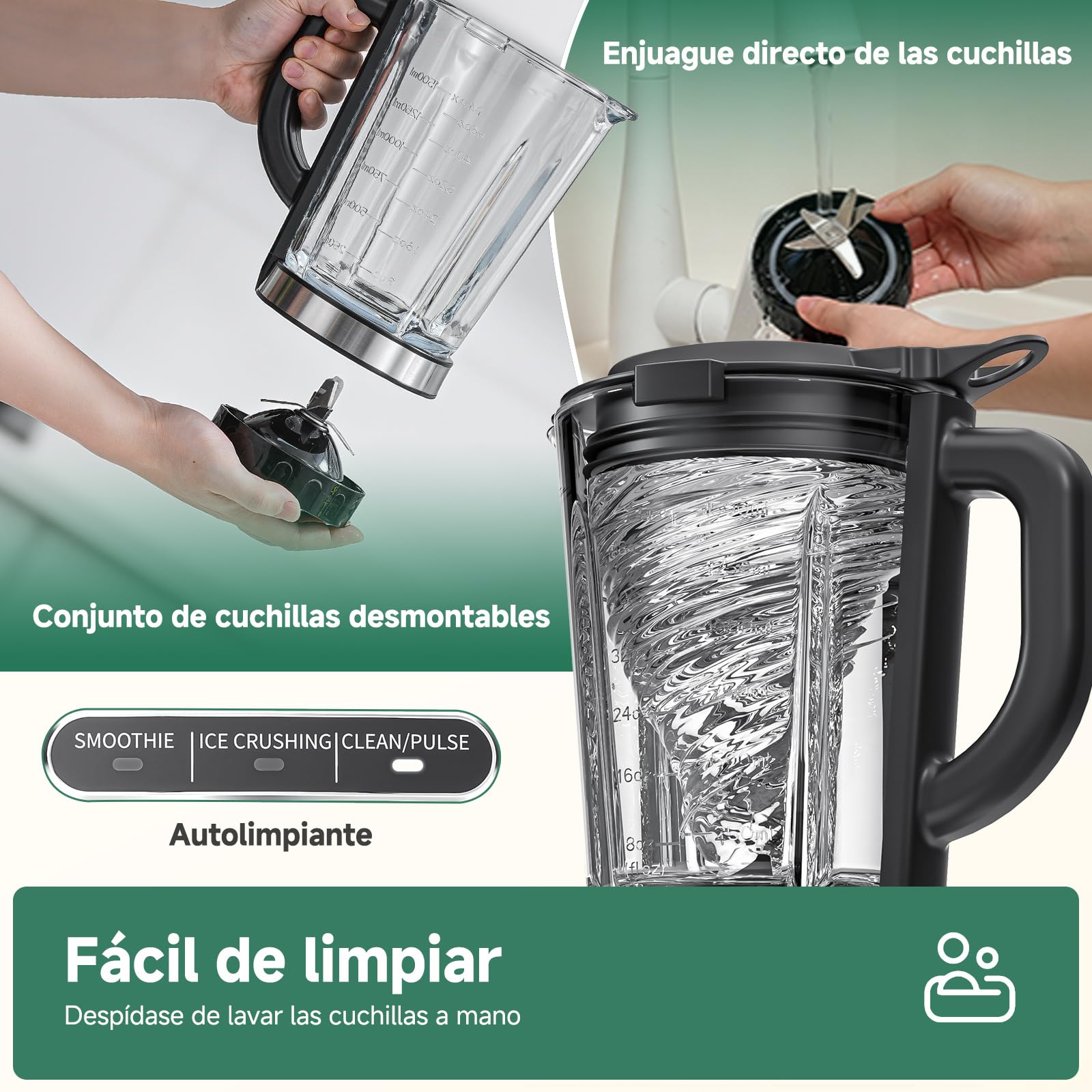 AMZCHEF Batidora de vaso de Cristal 1200W, Jarra de cristal de 1,5L Resistente al Calor, 5 Velocidades + 3 Programas (Smoothie, Hielo Picado, Auto-Limpieza),6 Cuchillas de Acero Inoxidable