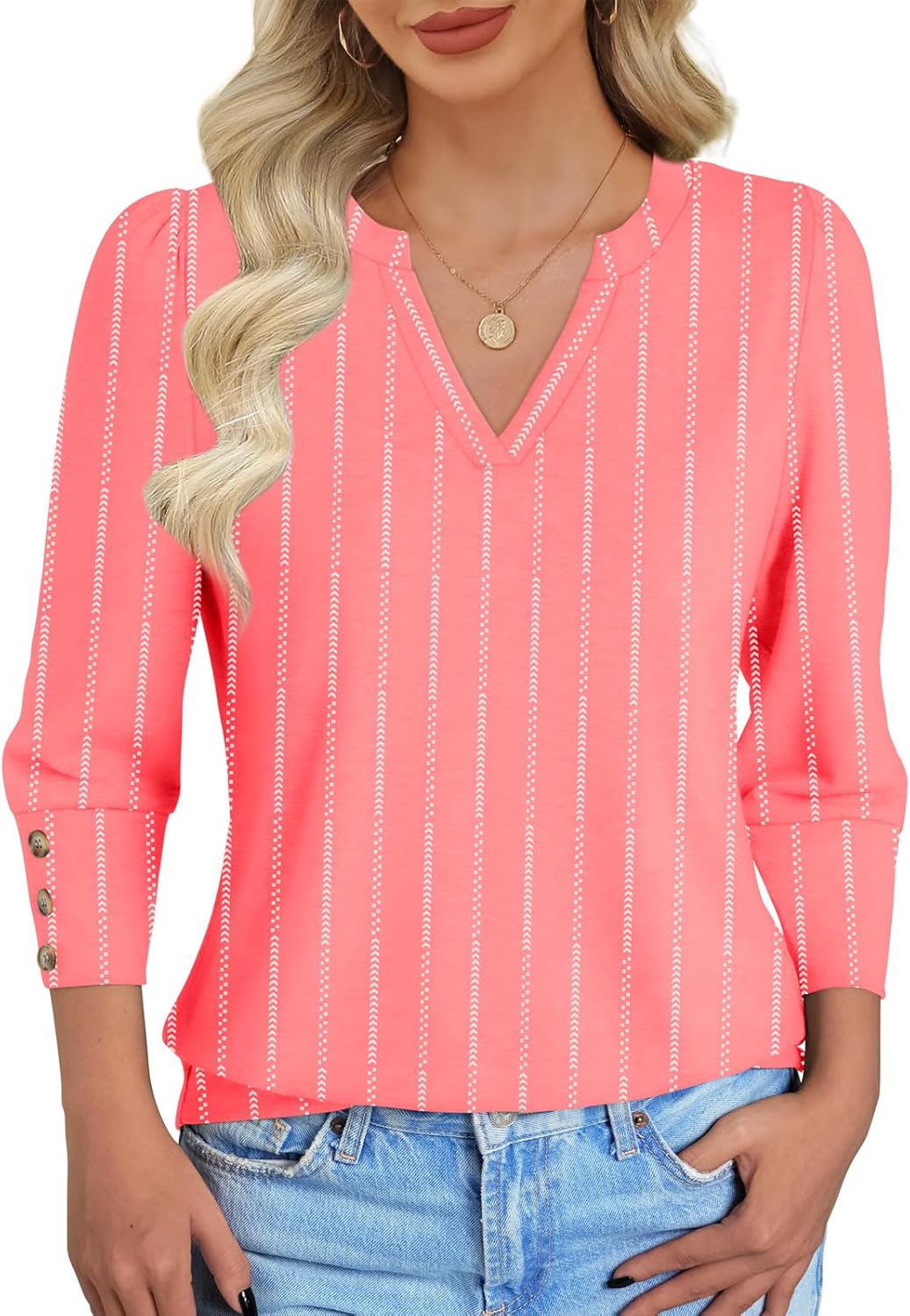 NORACORA Womens Tops 3/4 Sleeve with Buttons V Neck Blouses for Women Summer Outfits Dressy Casual T Shirts Beach Vacation - Image 4