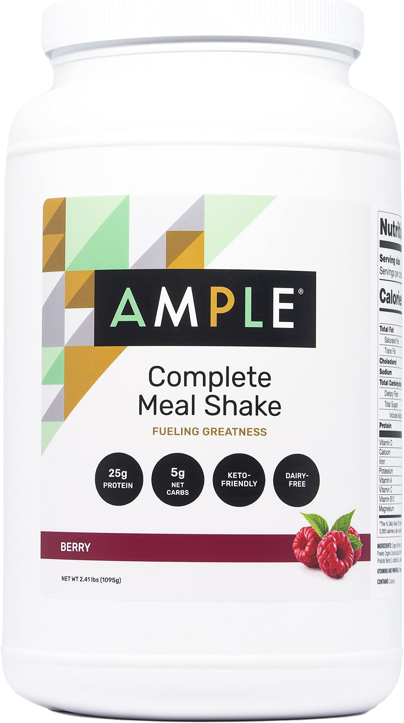 Complete Meal Shake, 25g Protein, 4g Net Carbs, Plant-Based - Dairy-free, Berry, Bulk Canister, 15 Servings of 400 Calorie Meal, Non-GMO, Gluten-Free, Ketogenic, Paleo, with Probiotics