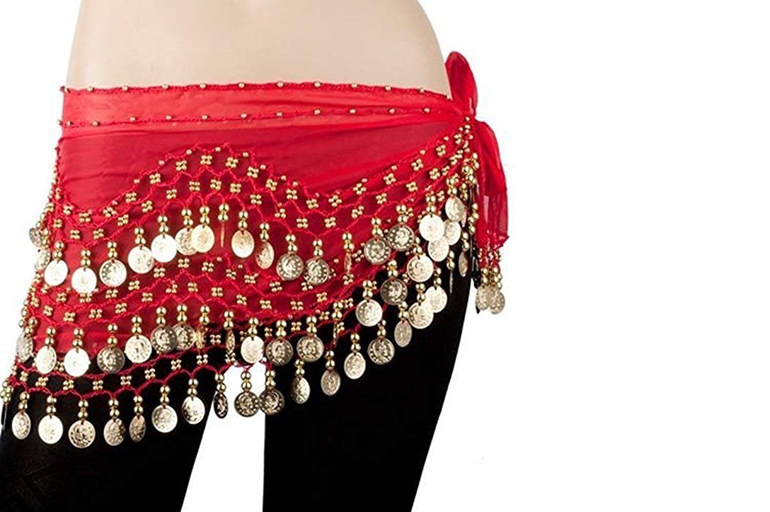 Fancydressworld Imported 1PC Belly Dance Belt Hip Scarf Wrap Belt Skirt with 128 Gold Coins - Red