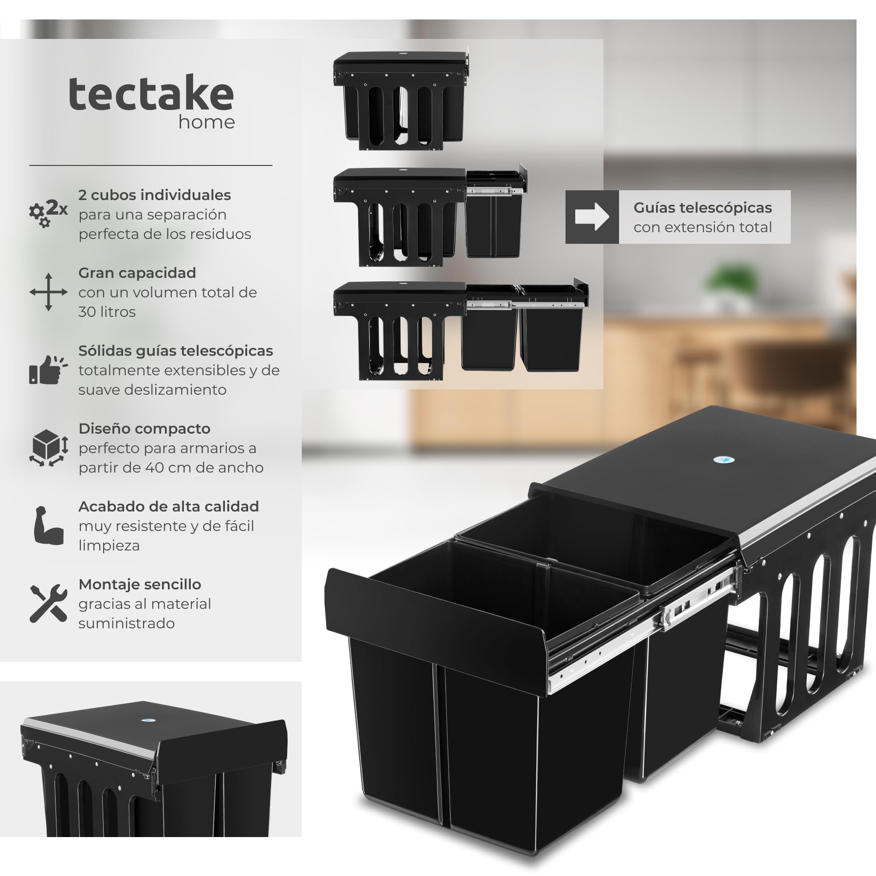 tectake® Cubo de Basura Extraíble, Triple, 30L, Papelera Cocina con Guías Telescópicas, 2 Contenedores Separados para Reciclaje, Cubo Basura Cocina, Fácil Montaje, Material Resistente - 2x 15L