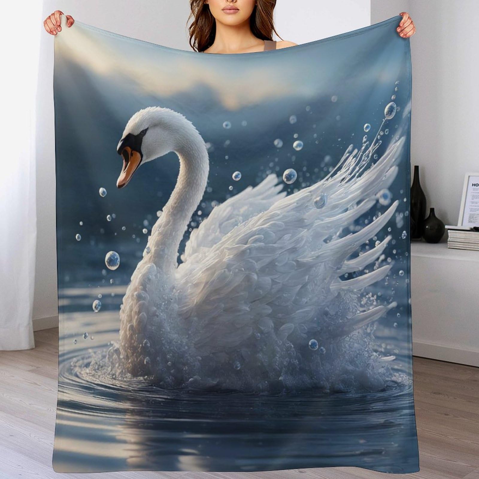Plaid couverture de cygne en flannel polaire chaude 150x200