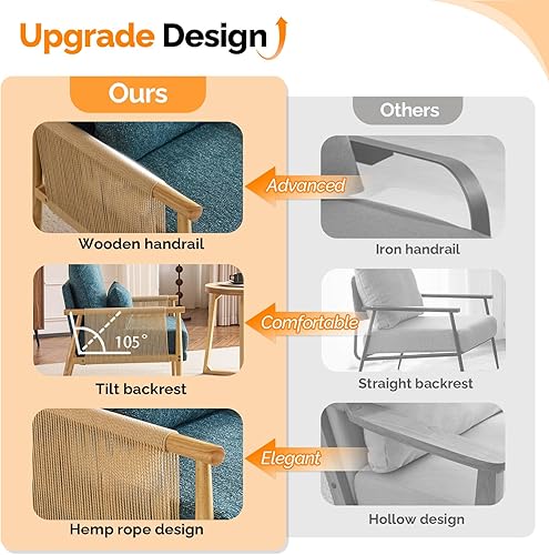 Miniatura 6 de VINGLI Juego de 2 sillones bohemios con diseño de trenzas, modernas de mediados de siglo con reposabrazos de madera maciza, cómodas sillas