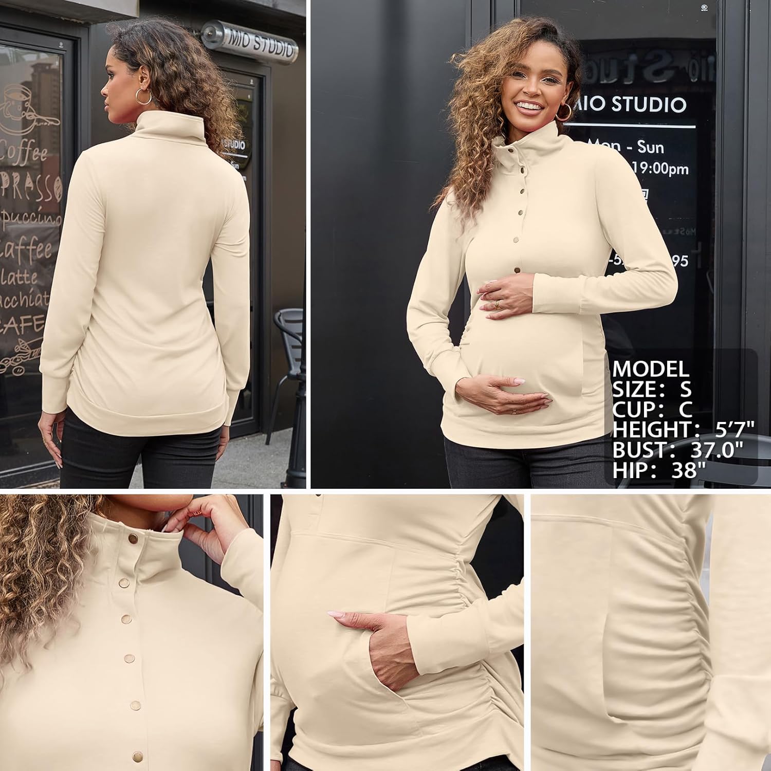 Bhome Maternity Shirt Casual Long Sleeve Half Button Front Lightweight Sweatshirts Slim Fit Pullover Tops with Pockets - Image 6