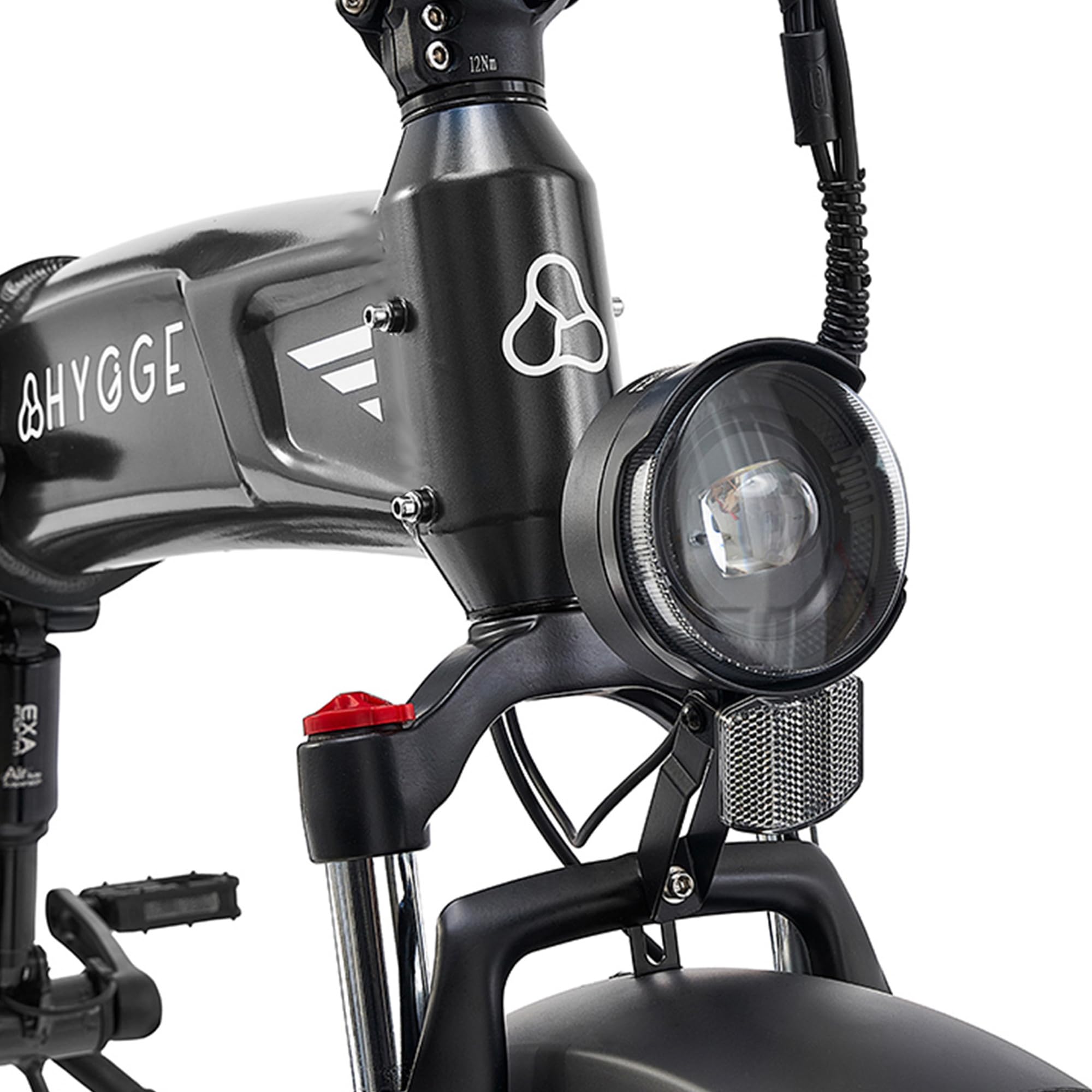 Hygge Bikes Sorø Vélo électrique pliable tout-terrain 50,8 x 10,2 cm, noir obsidienne, 7 vitesses, cadre en aluminium, double suspension, moteur 250 W avec portée de 80 km