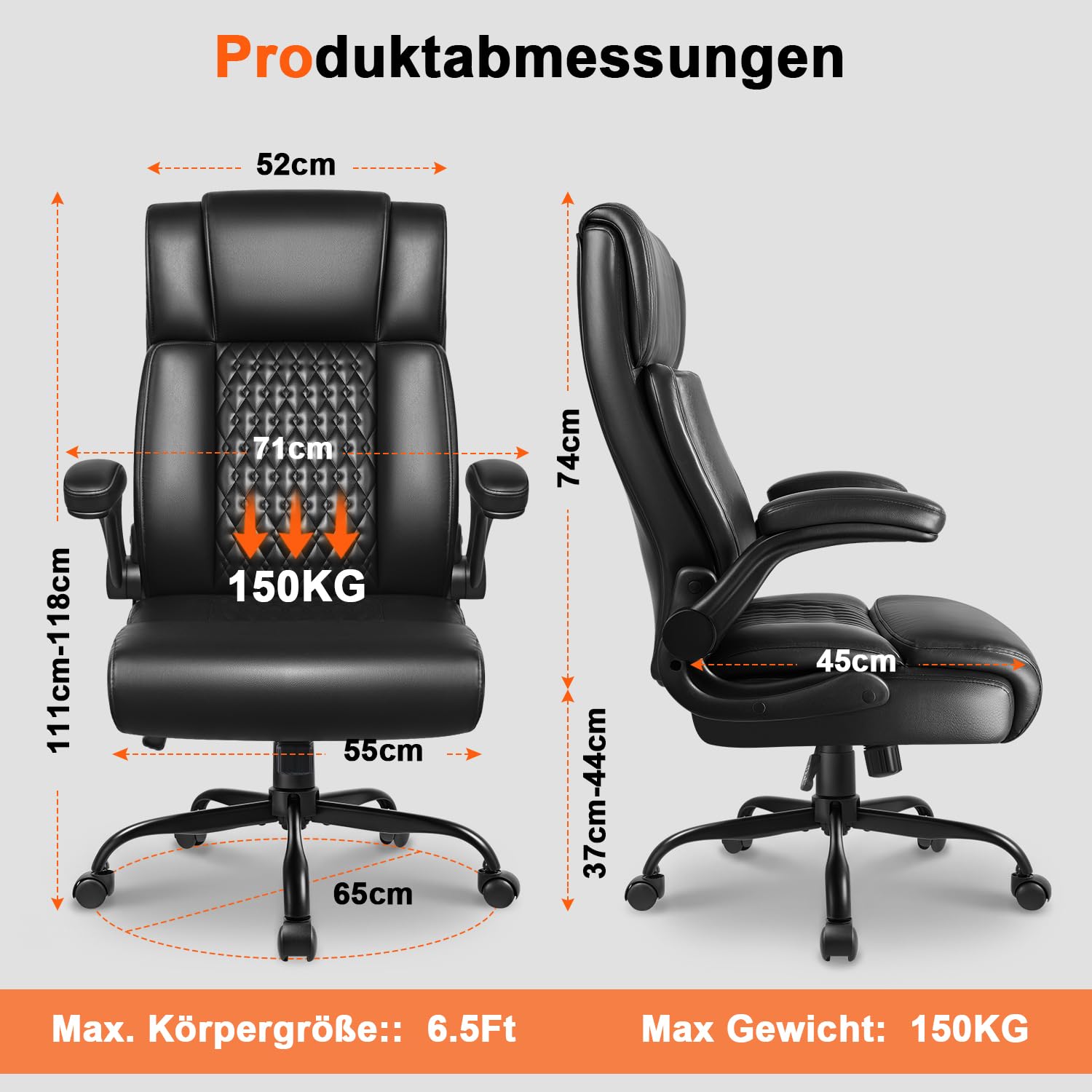 Waleaf Chefsessel Bürostuhl aus Leder, Ergonomischer Bürostuhl mit Hoher Rückenlehne und Verstellbaren Armlehnen, Belastbar bis 150 kg, PC-Stuhl mit Rollen für Büro und Homeoffice, Schwarz