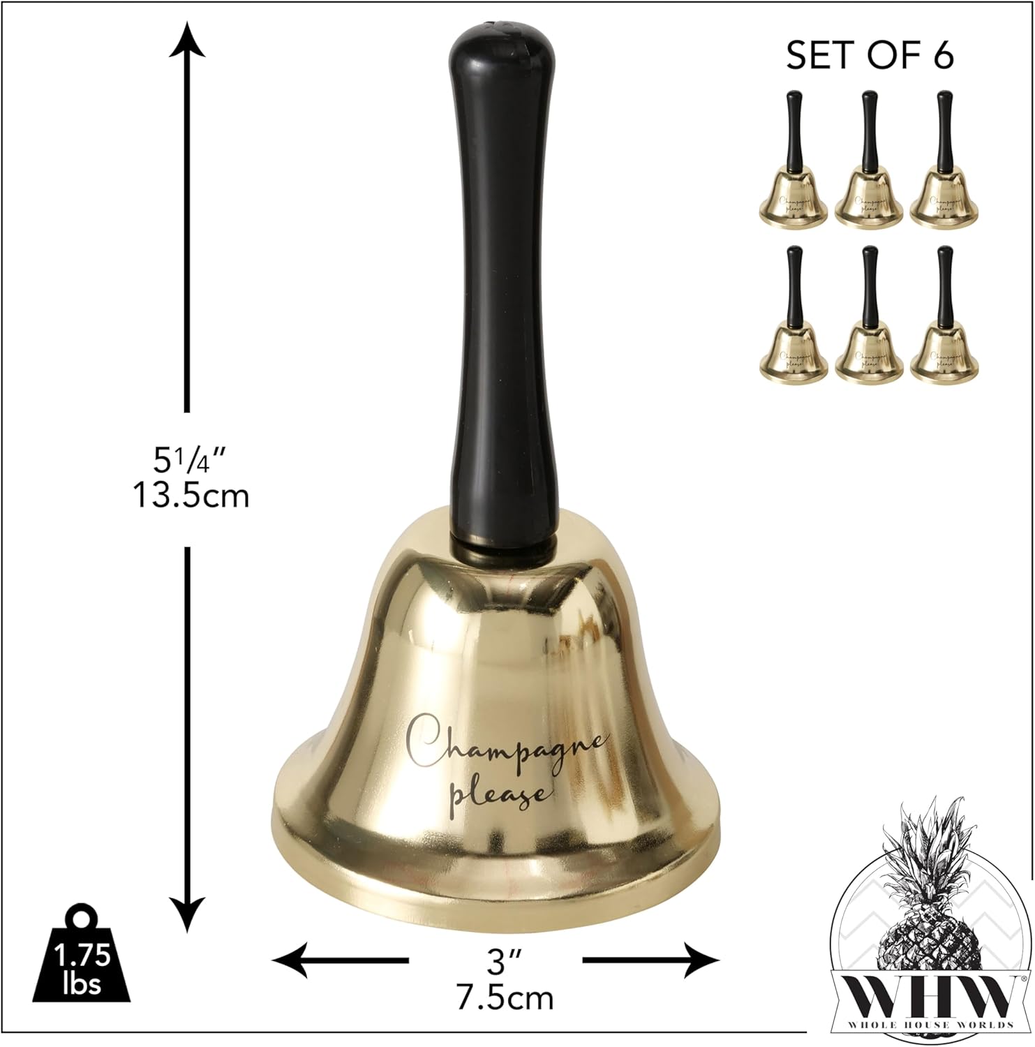 Champagne Please Bells, Set of 6, Iron and Acrylic, Black and Gold, 5.25 Inches, Wedding, New Year's Eve, Party Supply Essentials