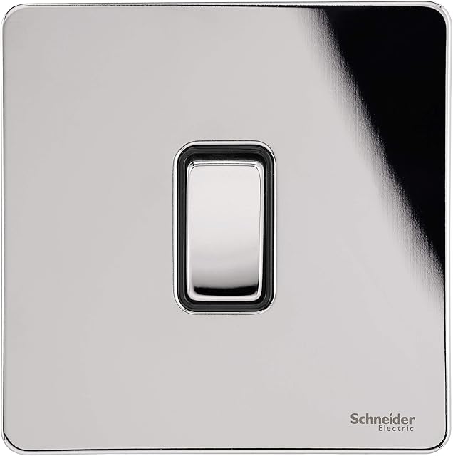 Schneider Electric Ultimate Screwless Flat Plate - Single Rocker 2 Way Light Switch, Single Pole, 16AX, GU1412BPC, Polished Chrome with Black Insert