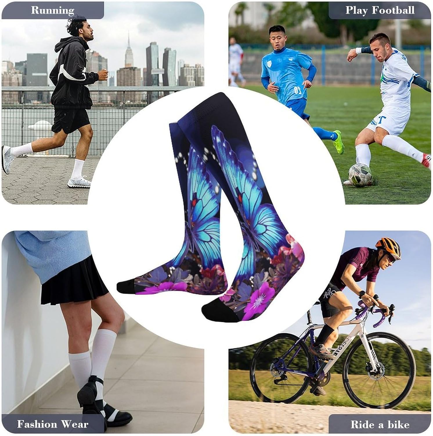 Blue Butterfly Knee High Soccer Socks Moisture Wicking