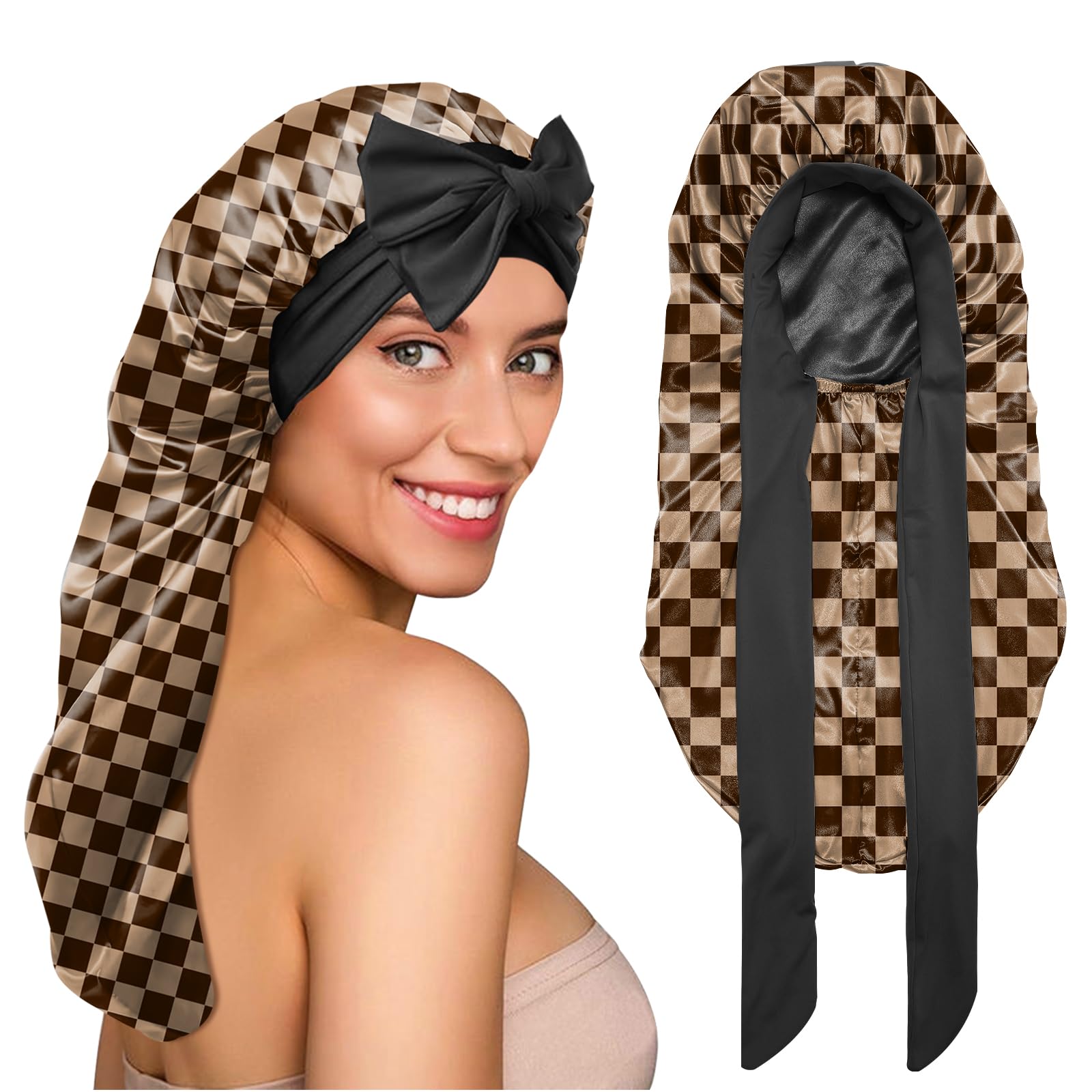 BHAHB Silk Long Satin Hair Braid Bonnet for Sleeping Adjustable Double Layer Elastic Reusable Long Hair Caps Cute Aesthetic for Women Girls-Checker